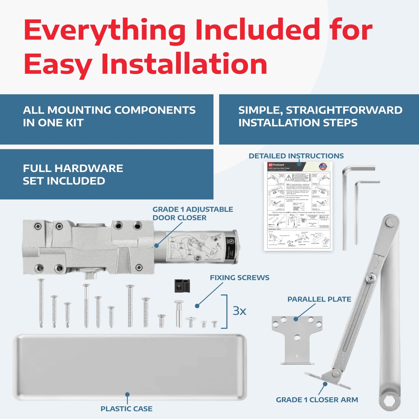 A1 ProGuard Extra Heavy Duty Auto Door Closer Commercial UL Grade 1 - Cast Iron Adjustable 6-Speed Delayed-Action Hydraulic Closer, Self-Closing, ADA Compliant.