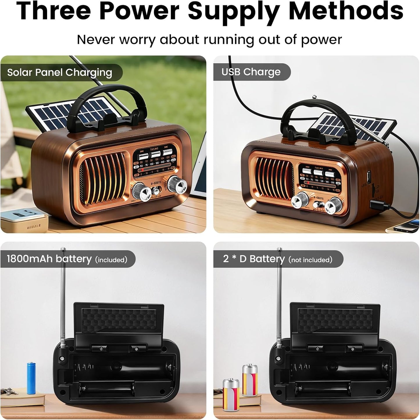 Bingxue MP3 Vintage Portable Radio with Bluetooth & TWS, AM/FM/SW Reception, Solar/D Battery/USB Charging, Player, TF