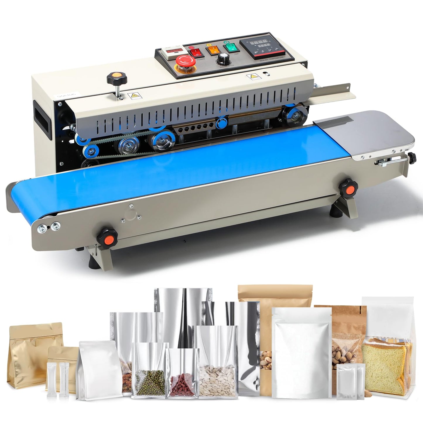 Frifreego Automatic Continuous Bag Sealer, 0.24-0.47 in Seal Width with Digital Temperature Control/Emergency Stop Automatic Coffee Bag Sealer for Plastic Bags, Cookie, Food Storage, Bakery