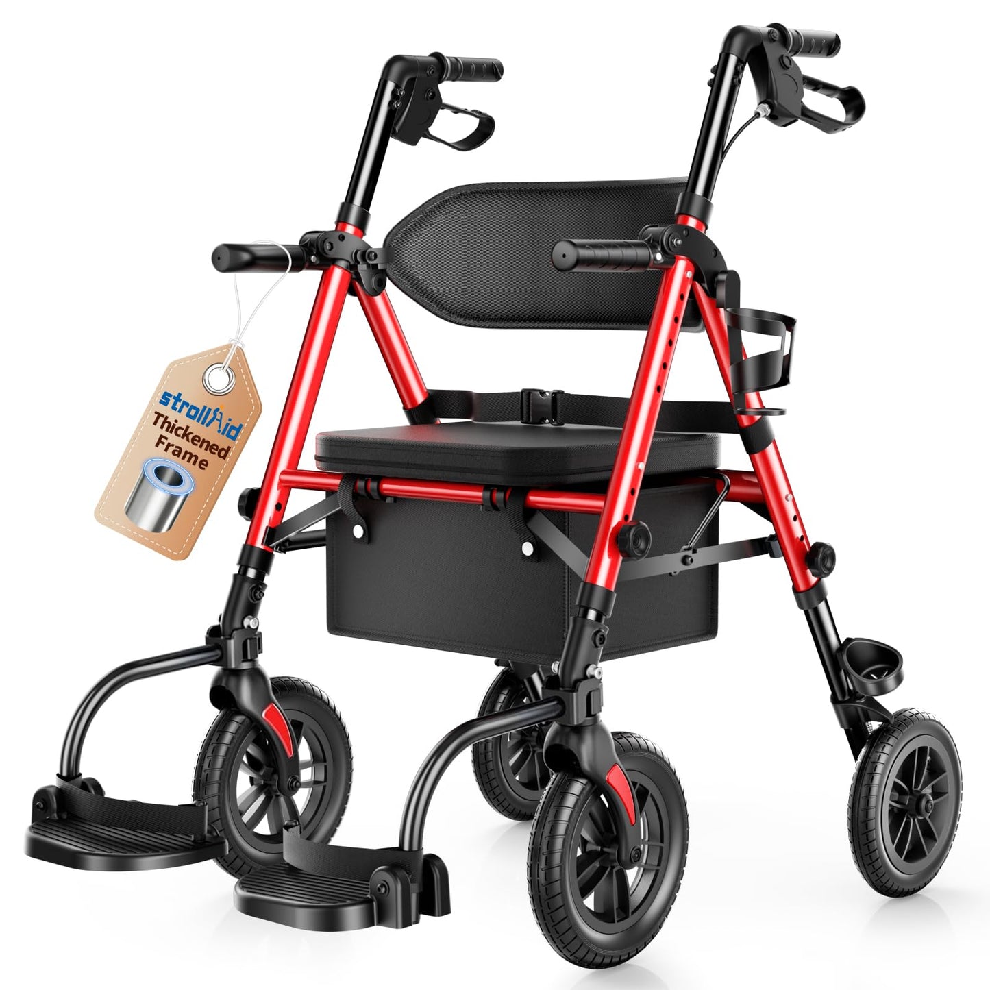 StrollAid Walkers for Seniors, 2 in 1 Rollator Wheelchairs Combo 10" Big Wheels Walker with Seat, Rollator Transport Chair with Brakes Folding Rolling Walker for Adults, Red