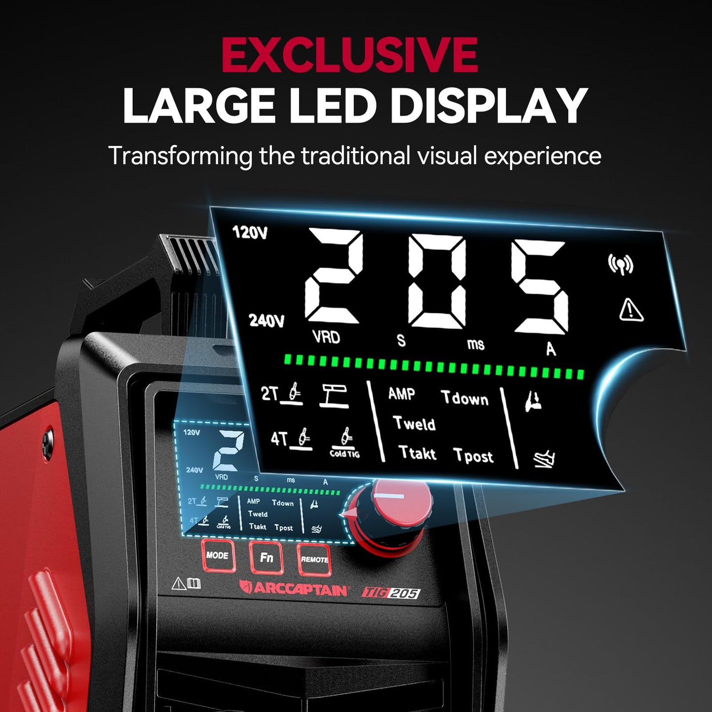 ARCCAPTAIN iControl TIG 205 Pro, 5 In 1 Cold Spot Stick/TIG Welder, 120V/240V Welding Machine with Large LED Display, 2T/4T, Hot start, Arc Force and Anti-stick