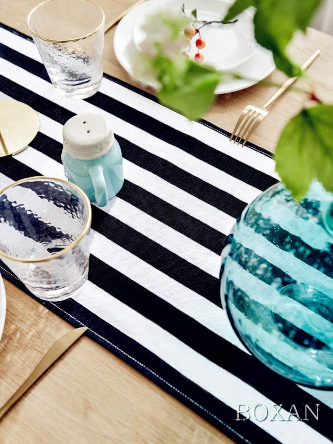 BOXAN Classic Black and White Striped Table Runner, Modern Stripes Pattern Elegant Cotton Canvas Table Top Decor for Art Deco Wedding, Bridal Shower, Bachelorette Party Decorations, 12" x 72"