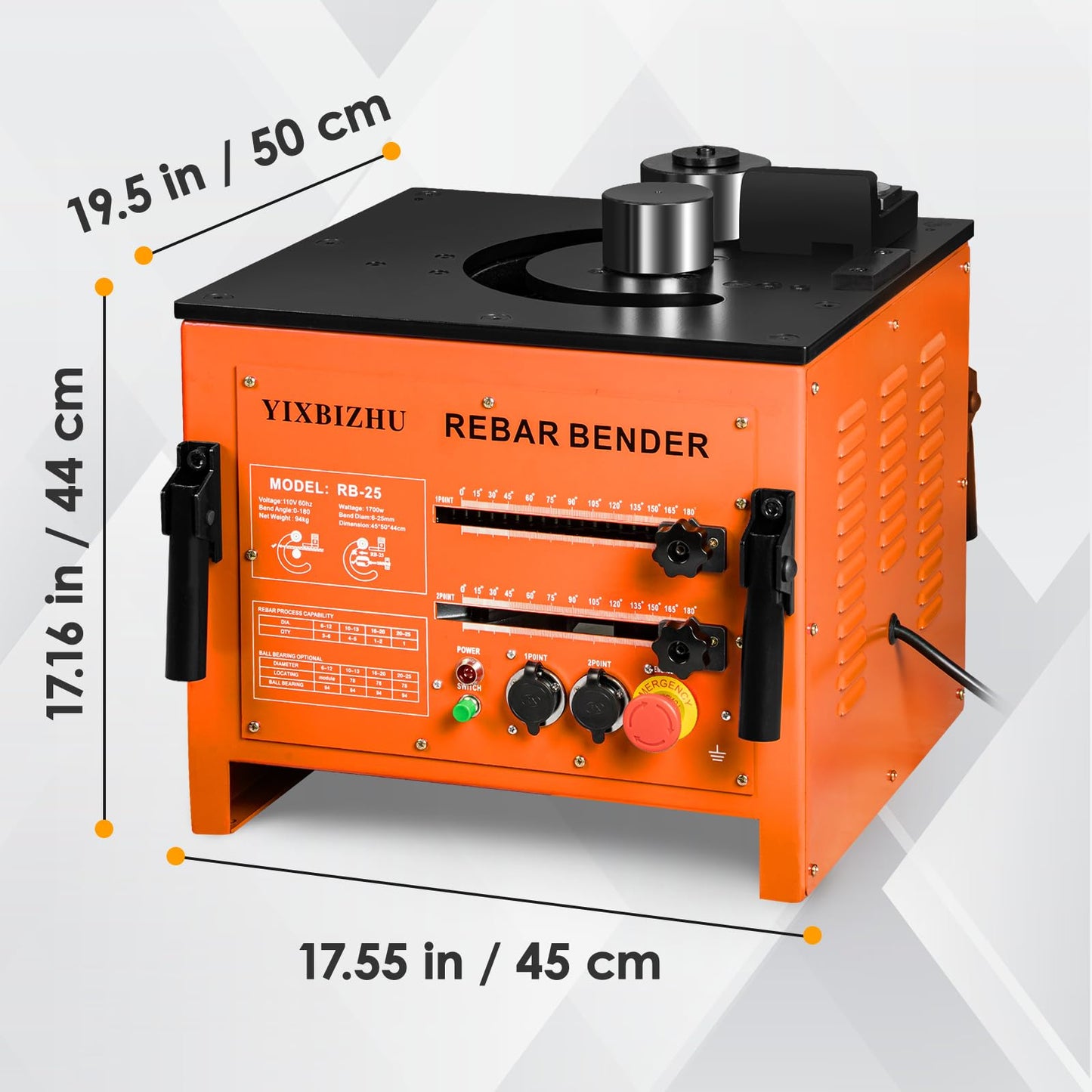 YIXBIZHU 1700W Rebar Bender, 5s Bends for #2–#8 (6–25mm), 0–180°Angle Dial with 30°/45°/90°/135° Stops, Heavy Cast-Iron Body, Foot-Pedal Hydraulic Steel Bending Tool (RB‑25)
