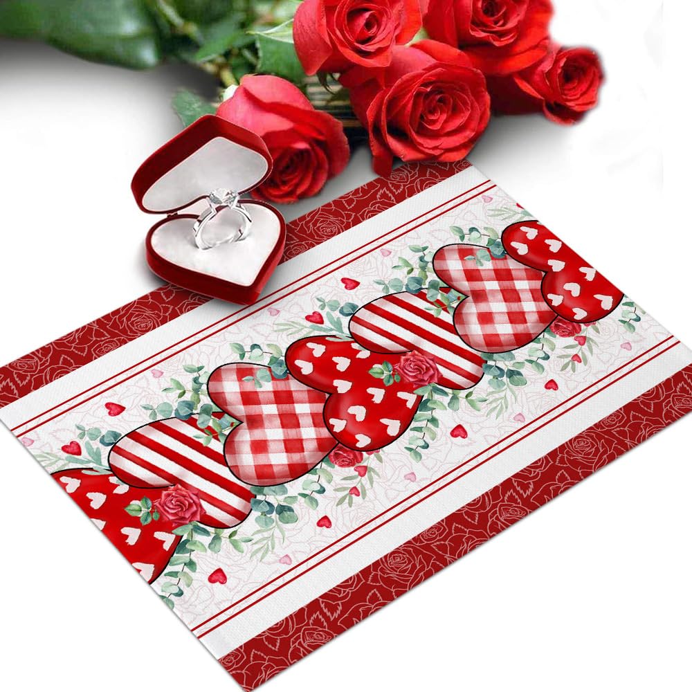 Valentines Day Placemats Set of 6 Washable Table Mats for Kitchen Dining Table, Love Rose Heart Heat-Resistant Cotton Linen Place Mats for Indoor Outdoor Parties Holiday Decoration, Red
