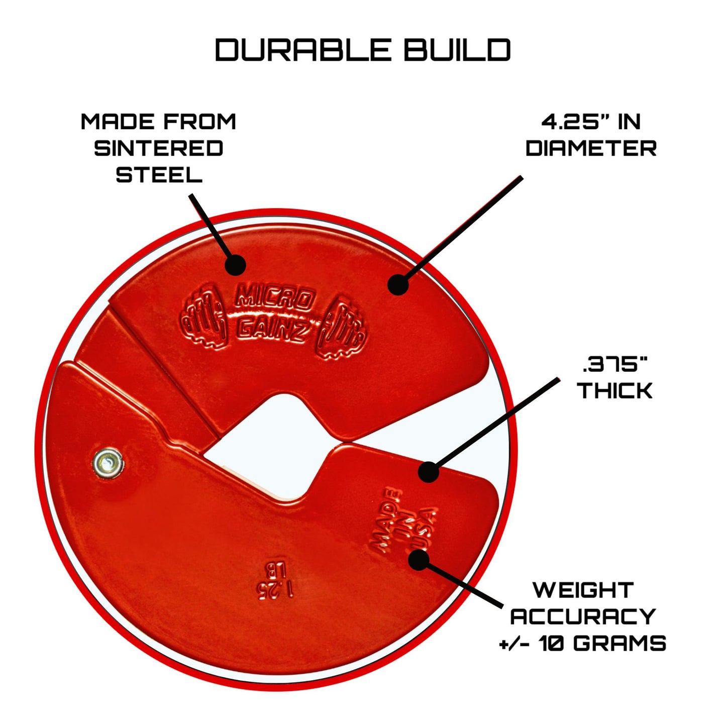 Micro Gainz Dumbbell Fractional 1.25lb Weight Plate, Ideal for Micro Loading, (Choose Color) 4 Piece Fractional Weight Plates, Designed for Dumbbell Training, Made In USA (Red)