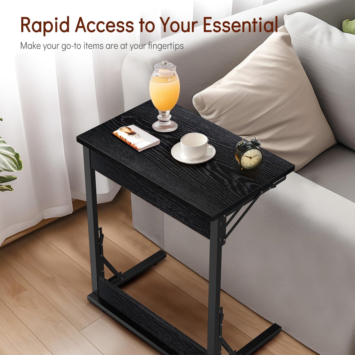 Tatub 24" Folding C Shaped End Table, Small Sofa Side Laptop Desk, Couch TV Tray Table for Living Room, Bedroom, Dark Black