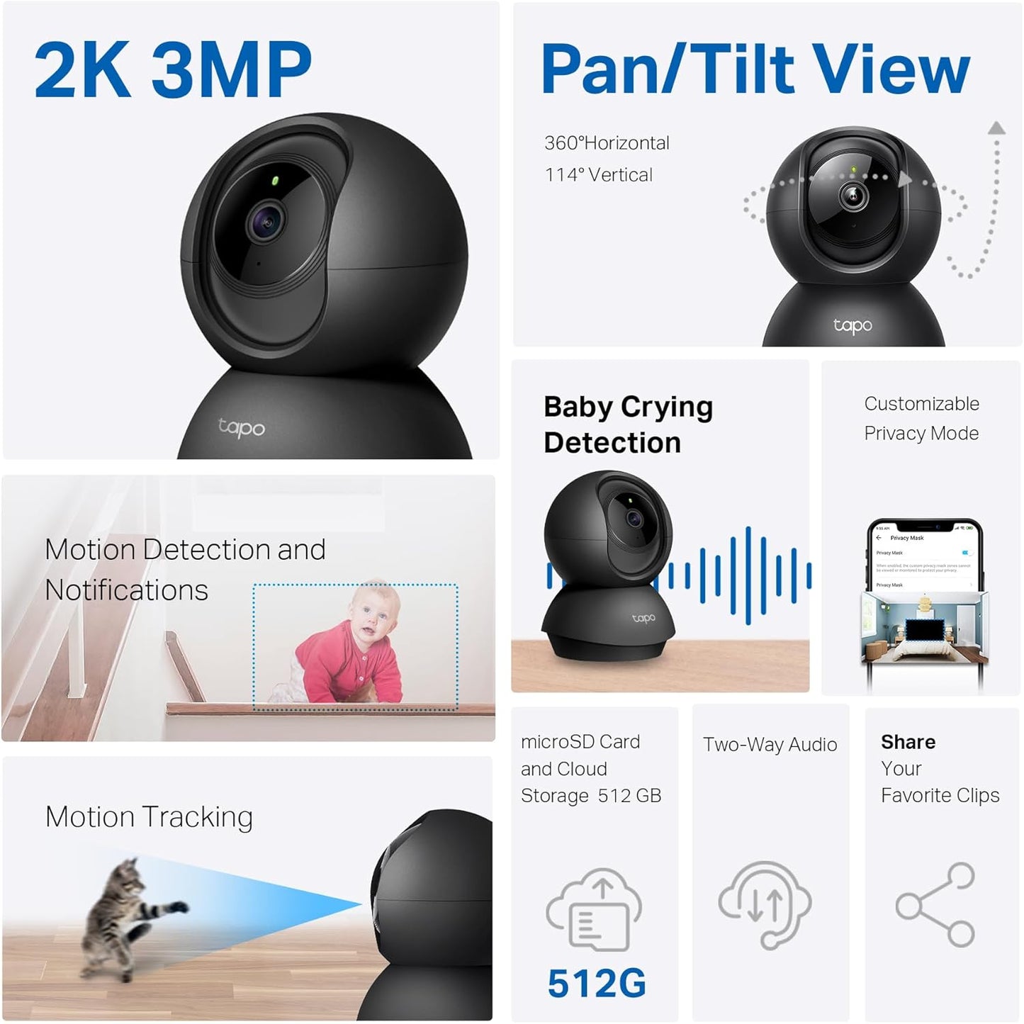 Tapo 2K 2-Way C211 (2-Pack) Indoor Pan/Tilt Wired Security Camera - Works as a Baby Monitor & Pet Camera, Motion
