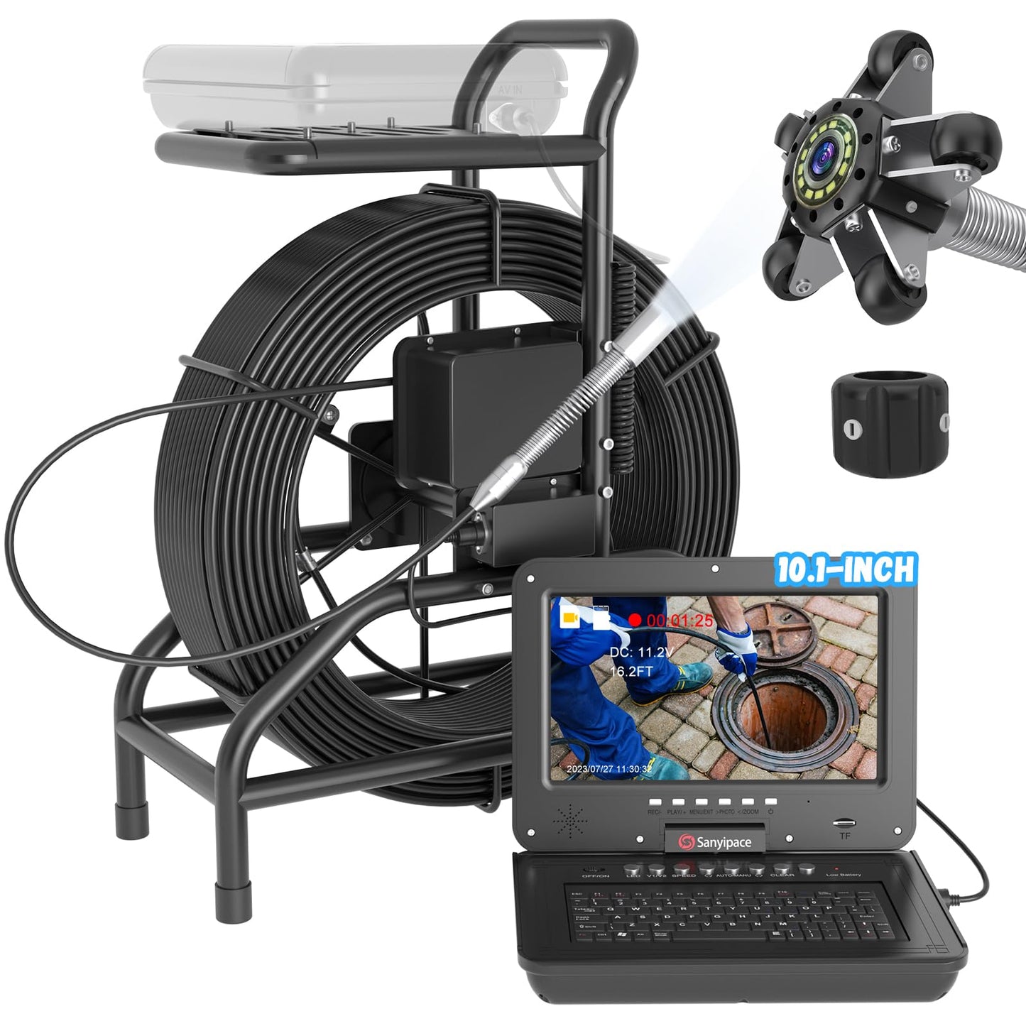 Sanyipace Self-Leveling Sewer Camera 165FT/50M, Drain Inspection Camera with 512Hz Transmitter, Real-Time Distance Counter, 10" IPS Screen Microphone Speaker, 0.27in Rigid Cable, 32GB TF Card Included