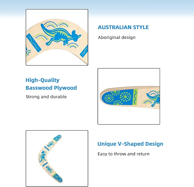 Boomerang for Kids, Australia Style Handmade Wooden Authentic Boomerang, V-Shaped Returning Boomerangs for Ages Above 10 Years Old Kids and Adult- Blue