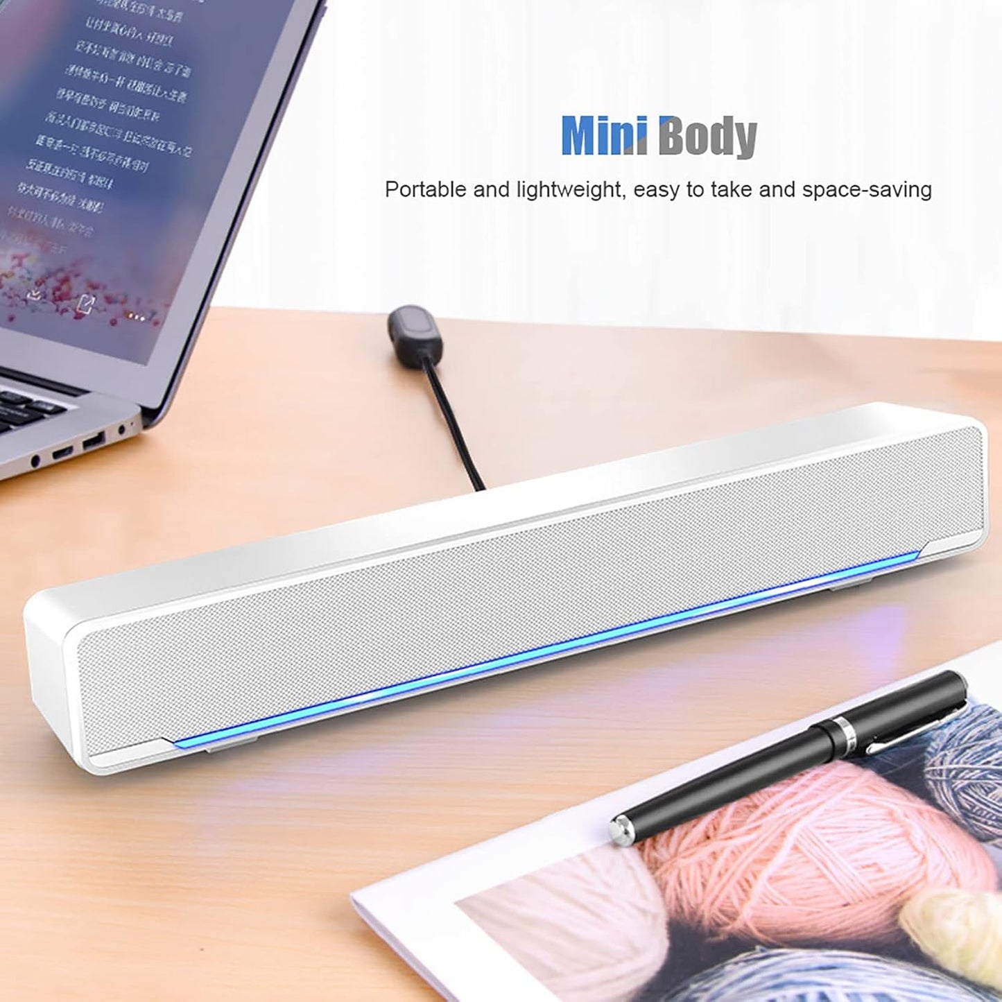 Beufee V-196 3.5mm 2.0 Computer Sound Bar, White USB Powered Input Channel Stereo Soundbar with Volume Knob and Blue