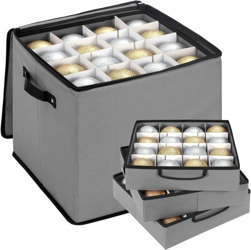 DIMESHY Christmas Ornament Storage Box - Adjustable Dividers & 4 Removable Trays for 64 Decorations | Gray