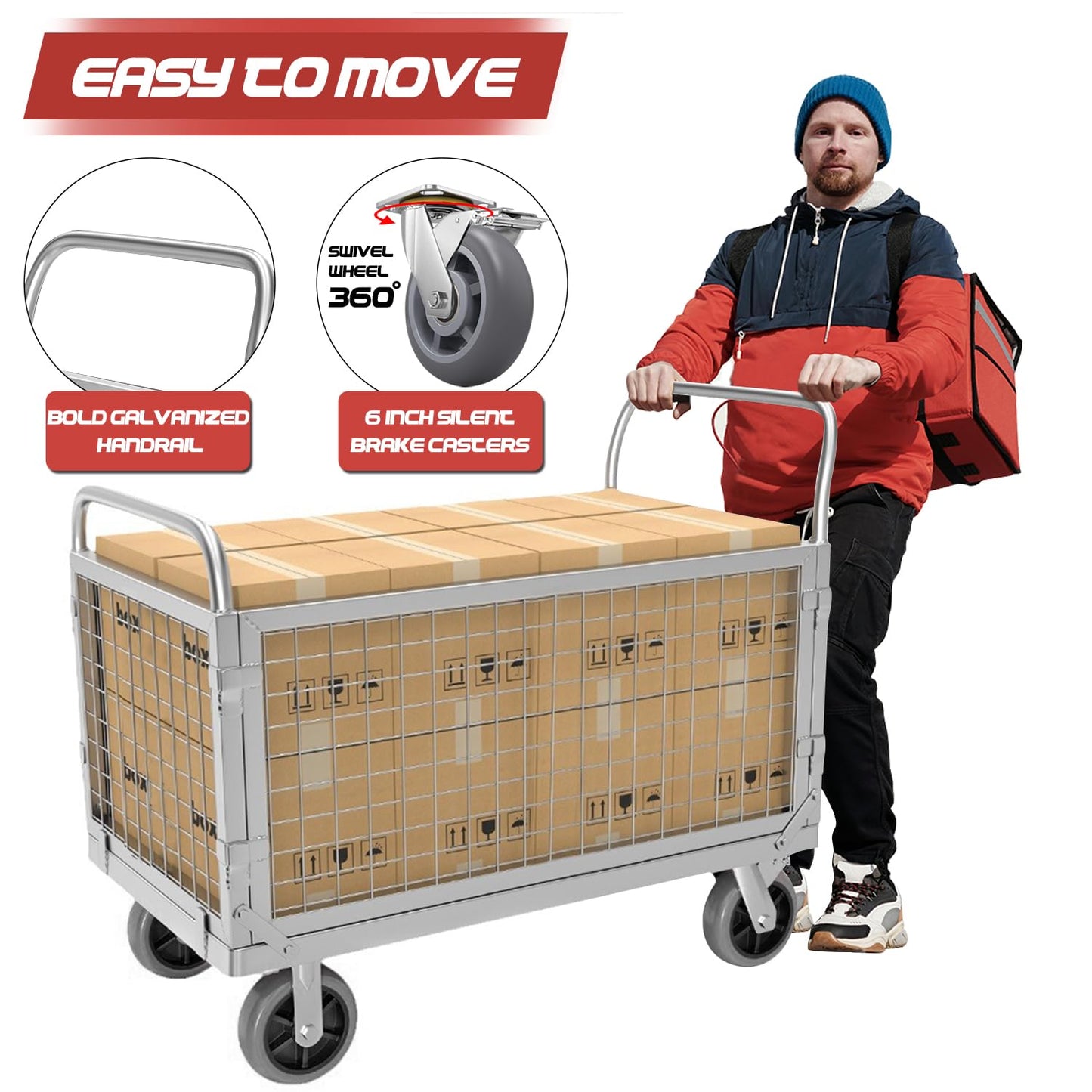 XINFUHUA Folding Platform Truck Cart with Cage, Flat Cart with Wheels and Handle, Flat Bed Dolly Can Load 1500 Pounds, Flat Rolling Cart with 6In Swivel Heavy Duty Brake Caster (35.4 inches in length)