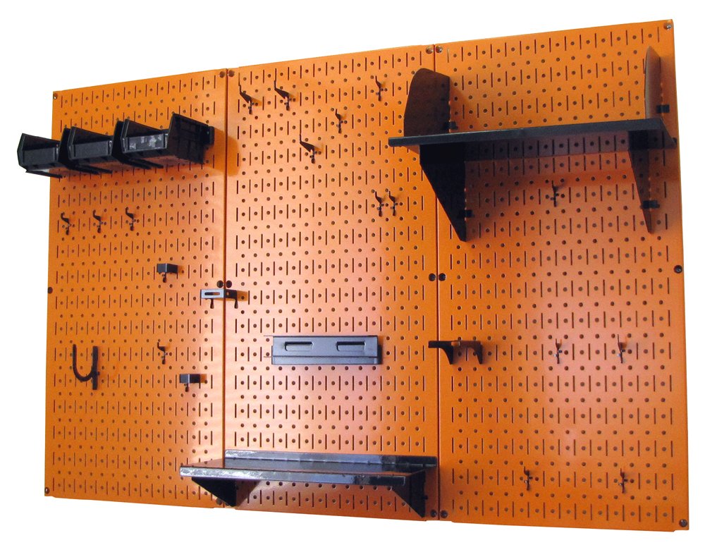 Wall Control 4 ft Metal Pegboard Standard Tool Storage Kit with Orange Toolboard and Black Accessories