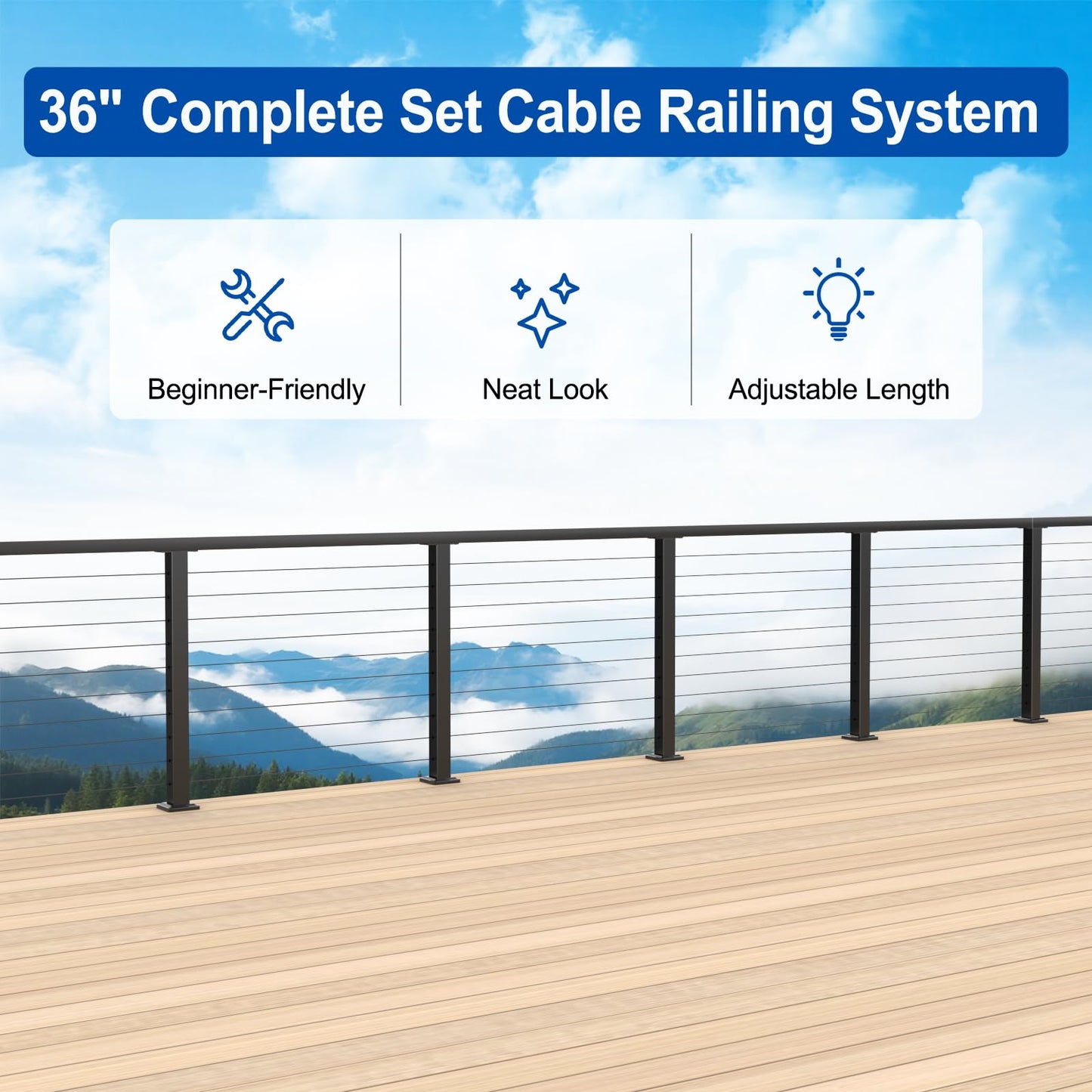 PLANTOP 4.5ft Complete Set 36" Cable Railing Post with Handrail Cuttable, 2 Pack Surface Mount Flact Top Level-Drilled Posts, 150ft 1/8" Wire Rope, Swageless Black Cable Railing System Kit, MY20-LP