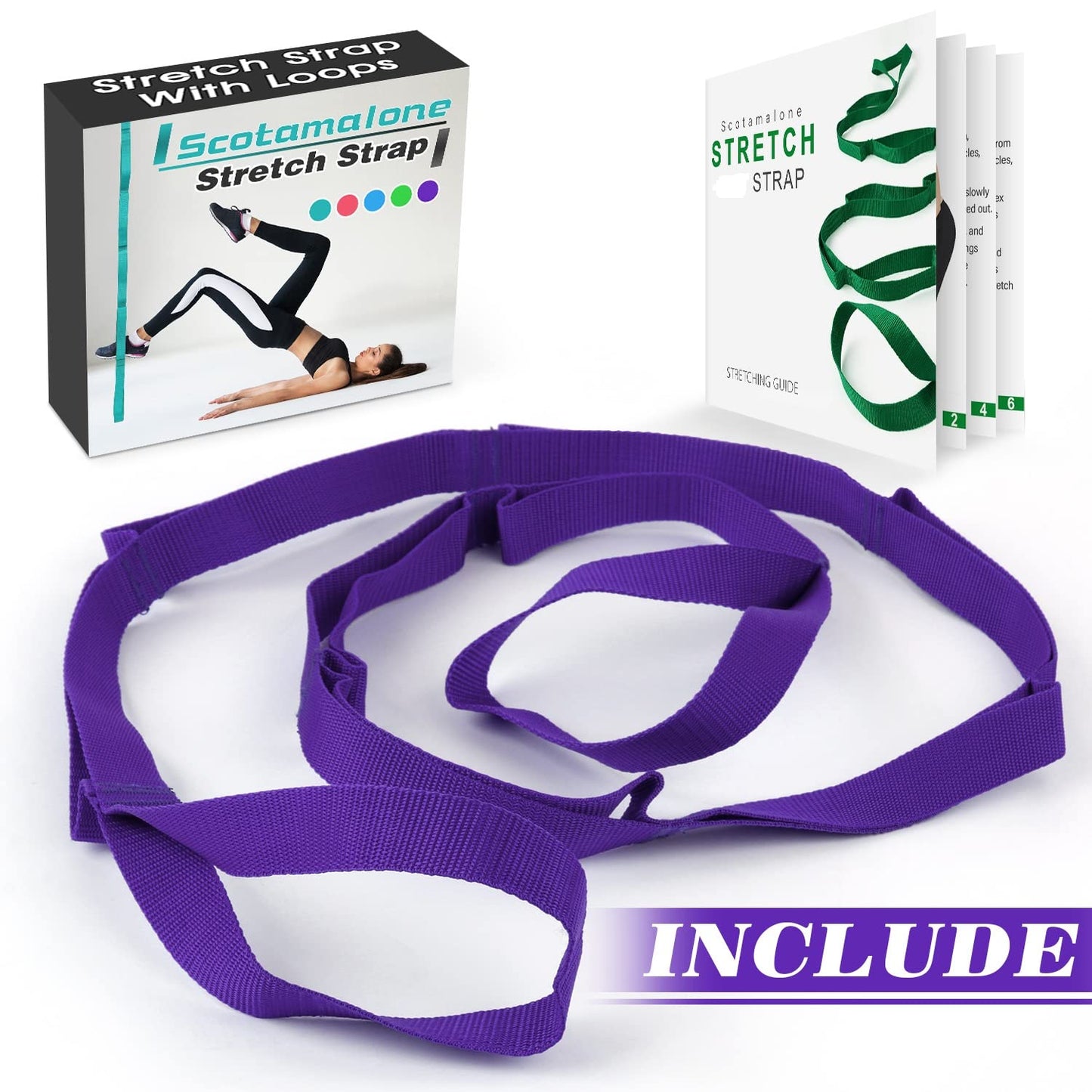 Scotamalone Stretching Strap Yoga Strap Physical Therapy for Home Workout, Exercise, Pilates and Gymnastics, 10 Loops Non-Elastic Stretch Bands with Aesthetic Packaging for Women & Men