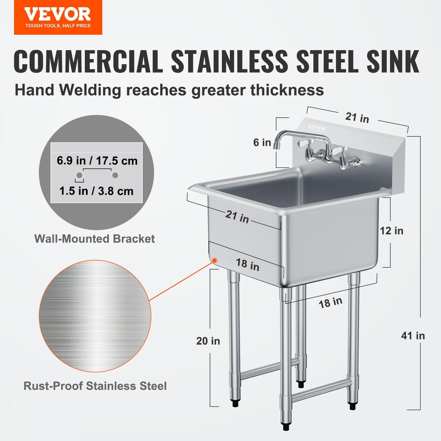 VEVOR Stainless Steel Prep & Utility Sink, 1 Compartment Free Standing Small Sink Include Faucet & legs, 21"x18" Commercial Single Bowl Sinks for Garage, Restaurant, Kitchen, Laundry