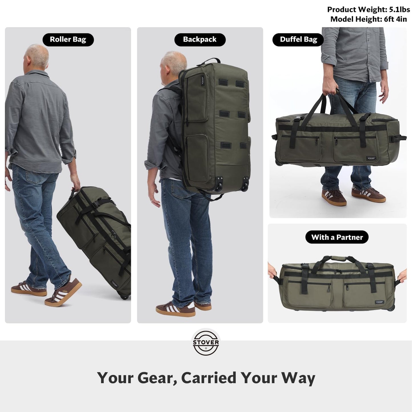 STOVER 45/80/100L U-Zip Rolling Duffel Bag with Wheels, X-Large Durable Travel Duffle + Toiletry Bag, Lay-Flat Opening, Packable w/Shoulder Straps- Use as Luggage or Backpack, Men/Women (Green)