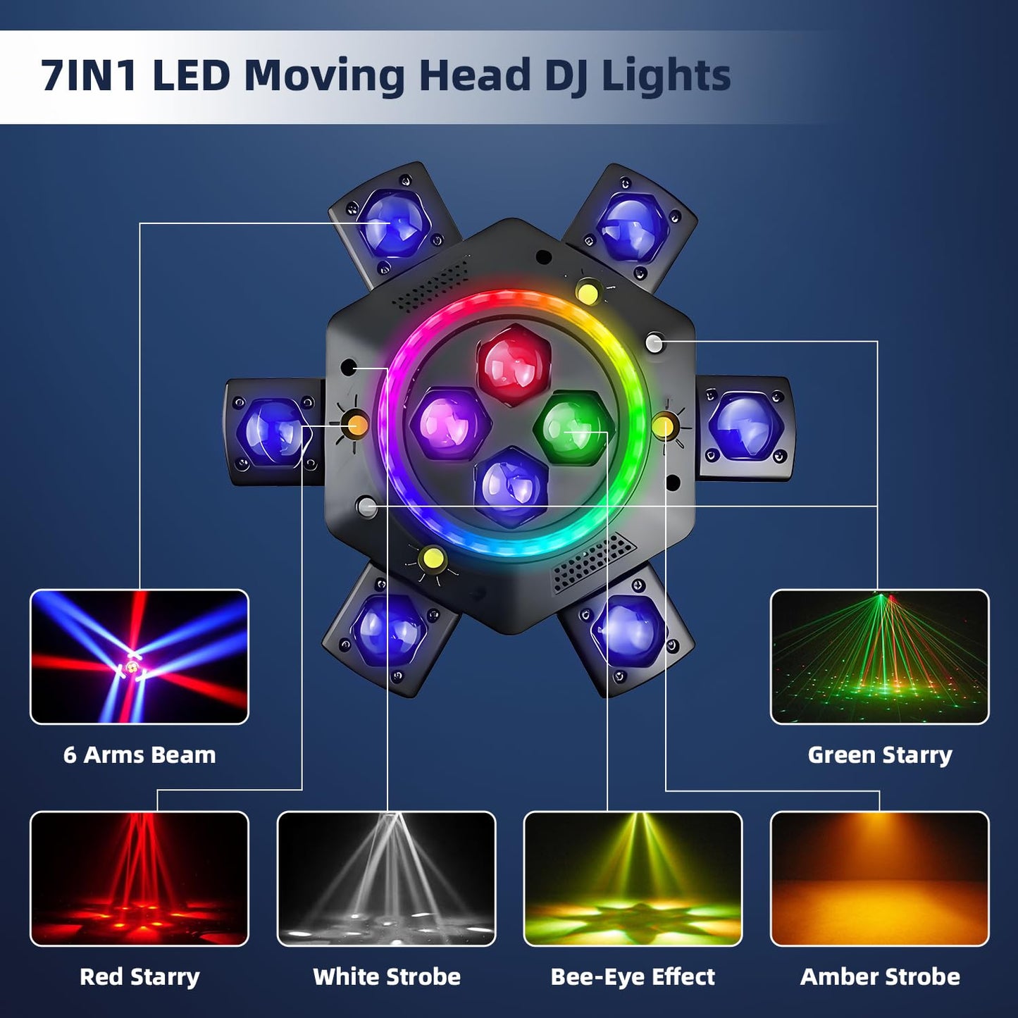 Uponelite Moving Head DJ Lights, 6 Arms Party Fixtures with Light Strip, 150W RGBW 4 in1 LED Stage Lights, DMX512 & Sound Activated Rotating Light, for Parties Disco Club Bar KTV Wedding