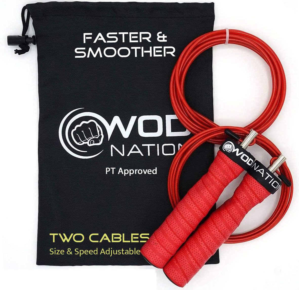 WOD Nation Speed Cable Jump Rope - Adjustable Speed Rope for Double Unders - Skipping Cord for Cardio & Boxing - 11 ft Cable, 2.2/3.3 mm, Red Alloy Steel