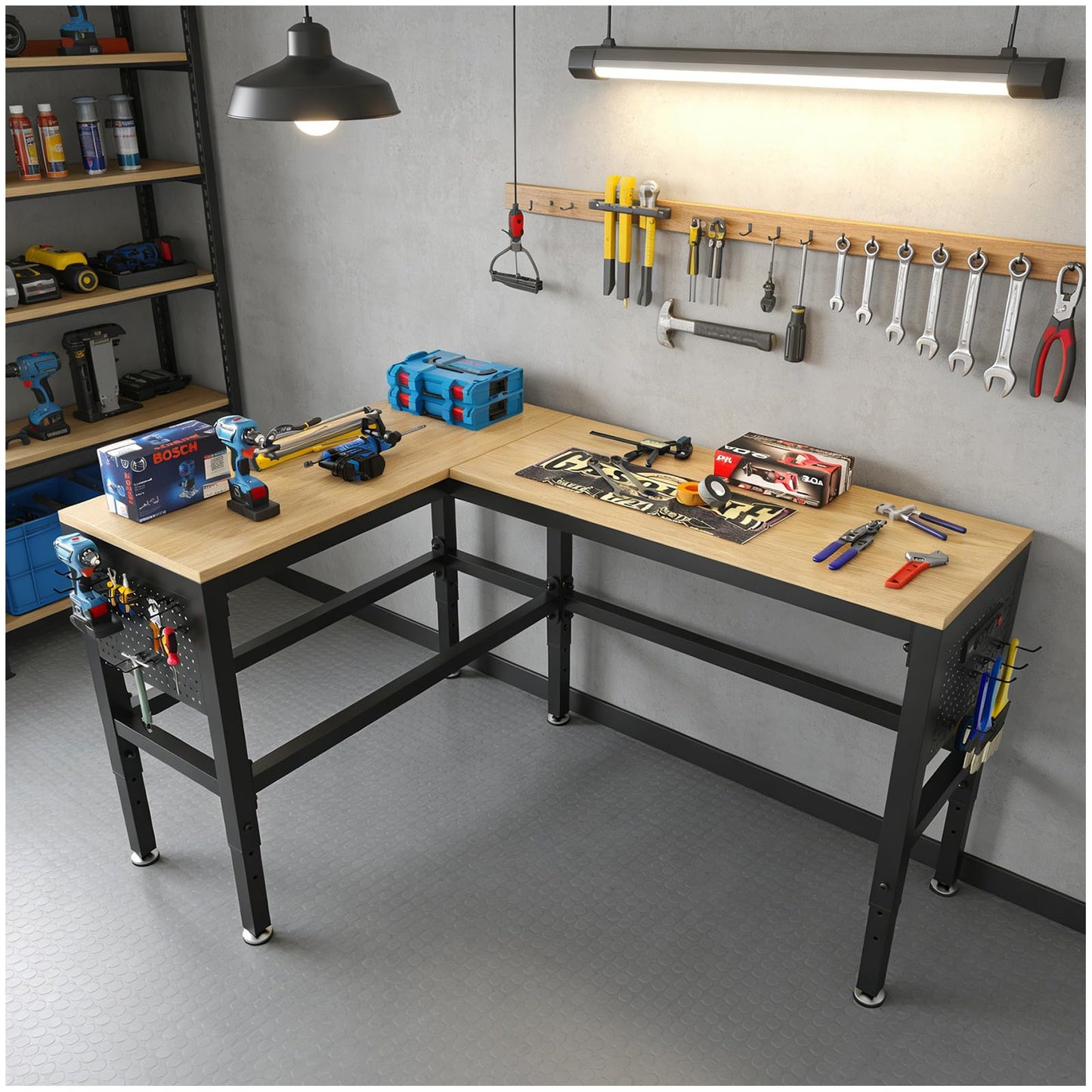 64" Heavy Duty L-Shaped Workbench with Power Outlets & Pegboard - 2000 LBS Capacity Adjustable Height Work Table for Garage, Workshop, Crafting - Matte Black & Hardwood (64"x48")