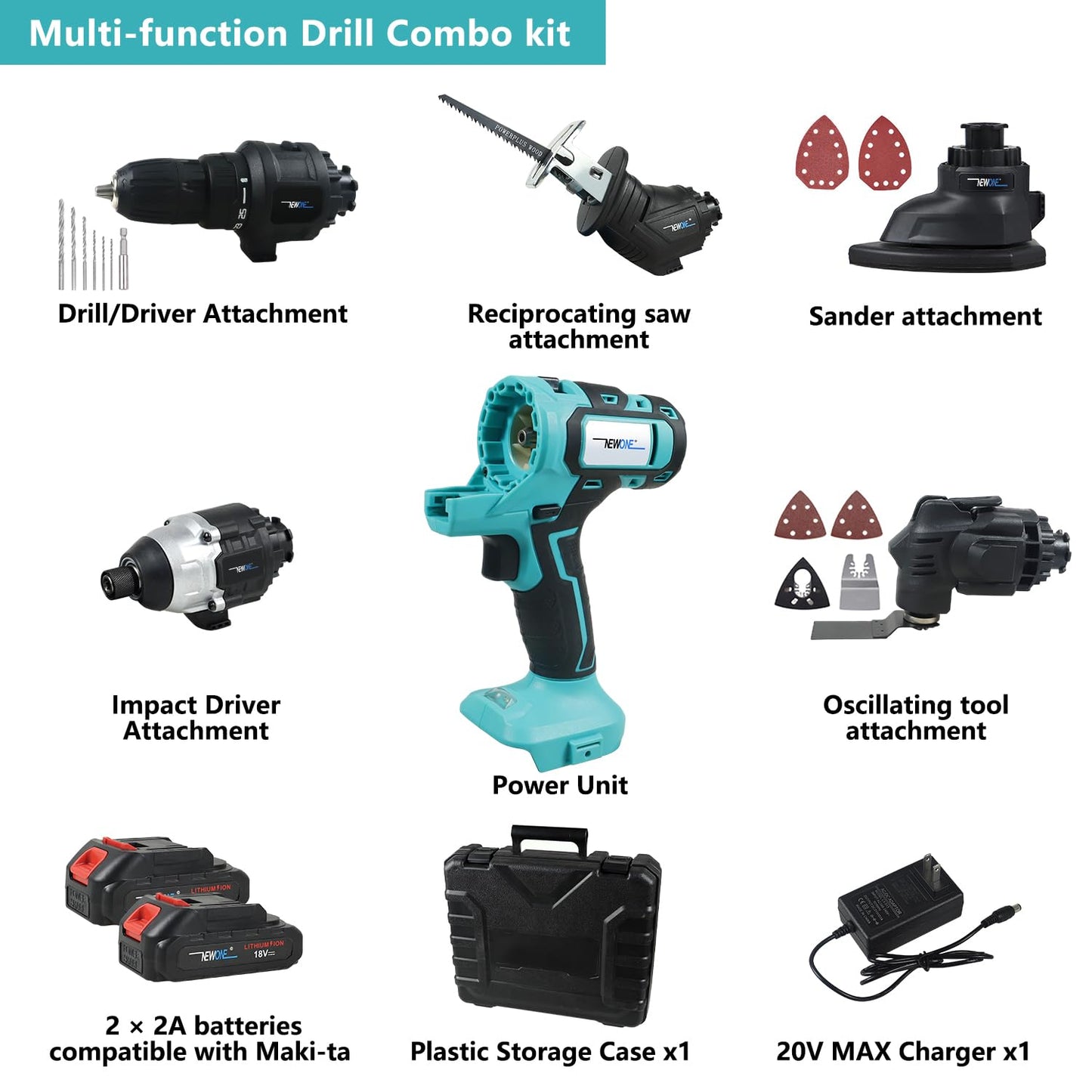 NEWONE 5-Tool Cordless Tool Combo Kit Compatible with Maki-ta 18V Battery,Tool Set with Drill, Reciprocating Saw, Driver, Oscillating Tool, Sander with Accessories, 2.0Ah Lithium Battery and Charger