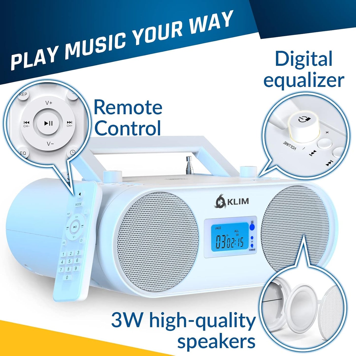 KLIM B4 MP3 Boombox CD Player Portable Audio System - New - AM/FM Radio with CD Player Bluetooth AUX USB - Wired