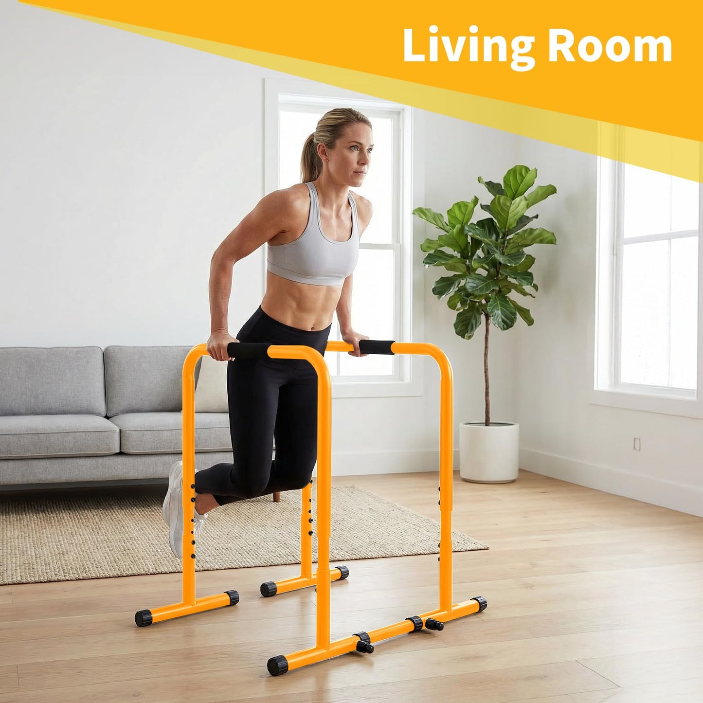 NEWBULIG Dip Bar Station, Adjustable Parallel Parallettes Bar with Soft High-Density Foam Handles, Heavy Duty Dip Stands Workout Equipment for Home, Gym, Patio, Office - Yellow