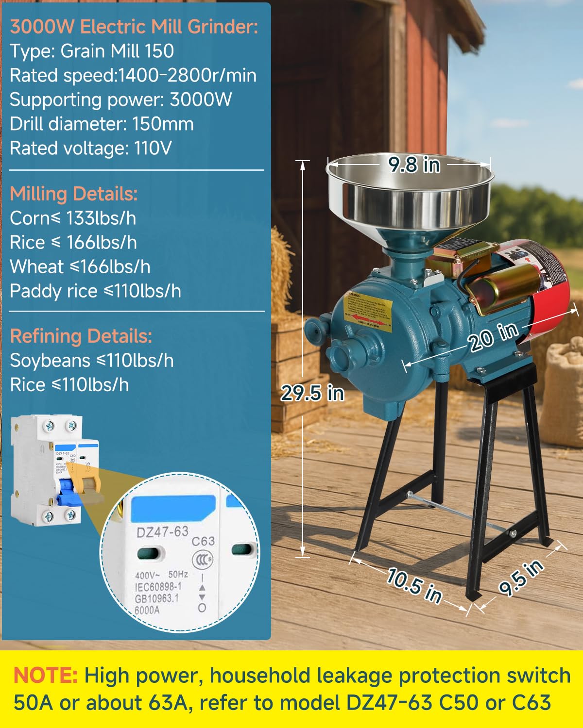NAIZEA Electric Grain Mill Grinder Corn Grinder, 3000W 110V Commercial Flour Mill Machine with Funnel, Feed Grinders for Corn, Wheat, Rice, Cereals,Molino de Maiz Electrico (Dry Grinders)