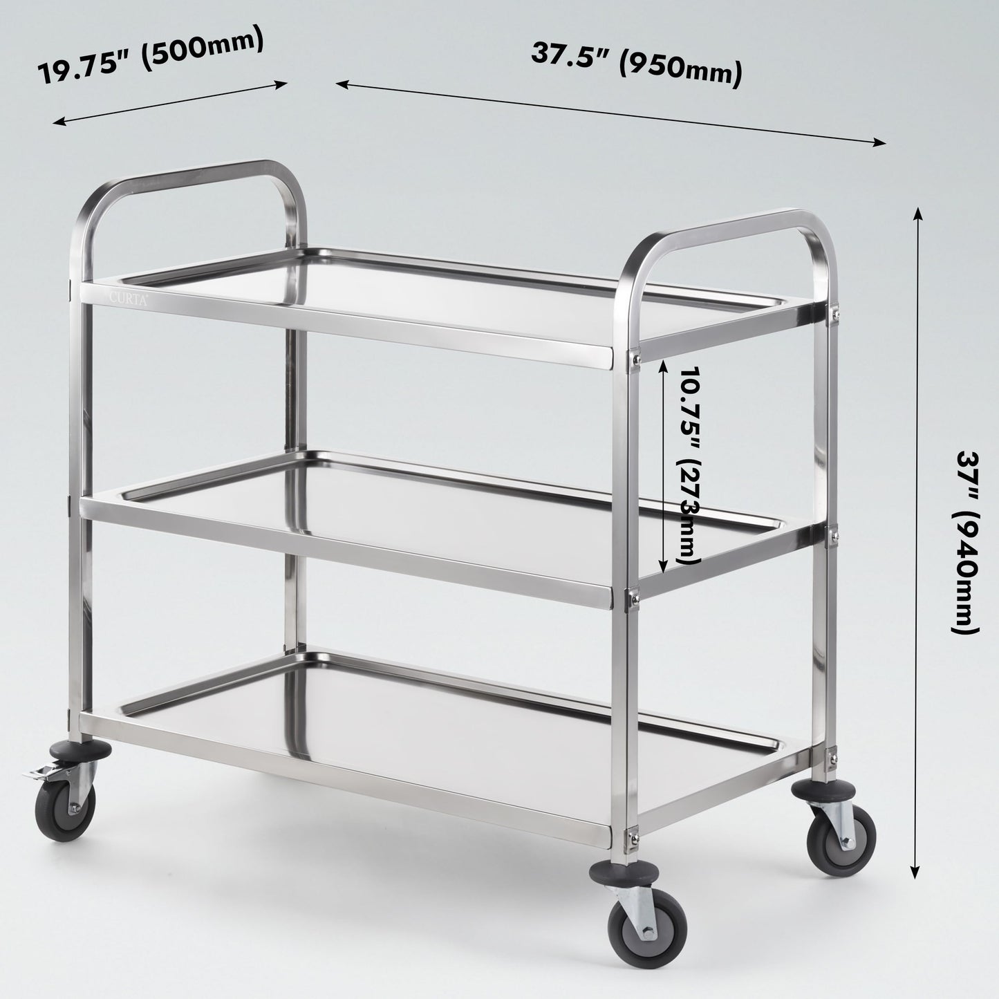 CURTA Stainless Steel Serving Trolley, 38" L x 20" W x 37" H 3 Tiered Shelf Kitchen Utility Cart, Rolling Casters Brake Wheel, Commercial Pro for Restaurant/Hotel/Lab/Clinic/Salon/Workshop