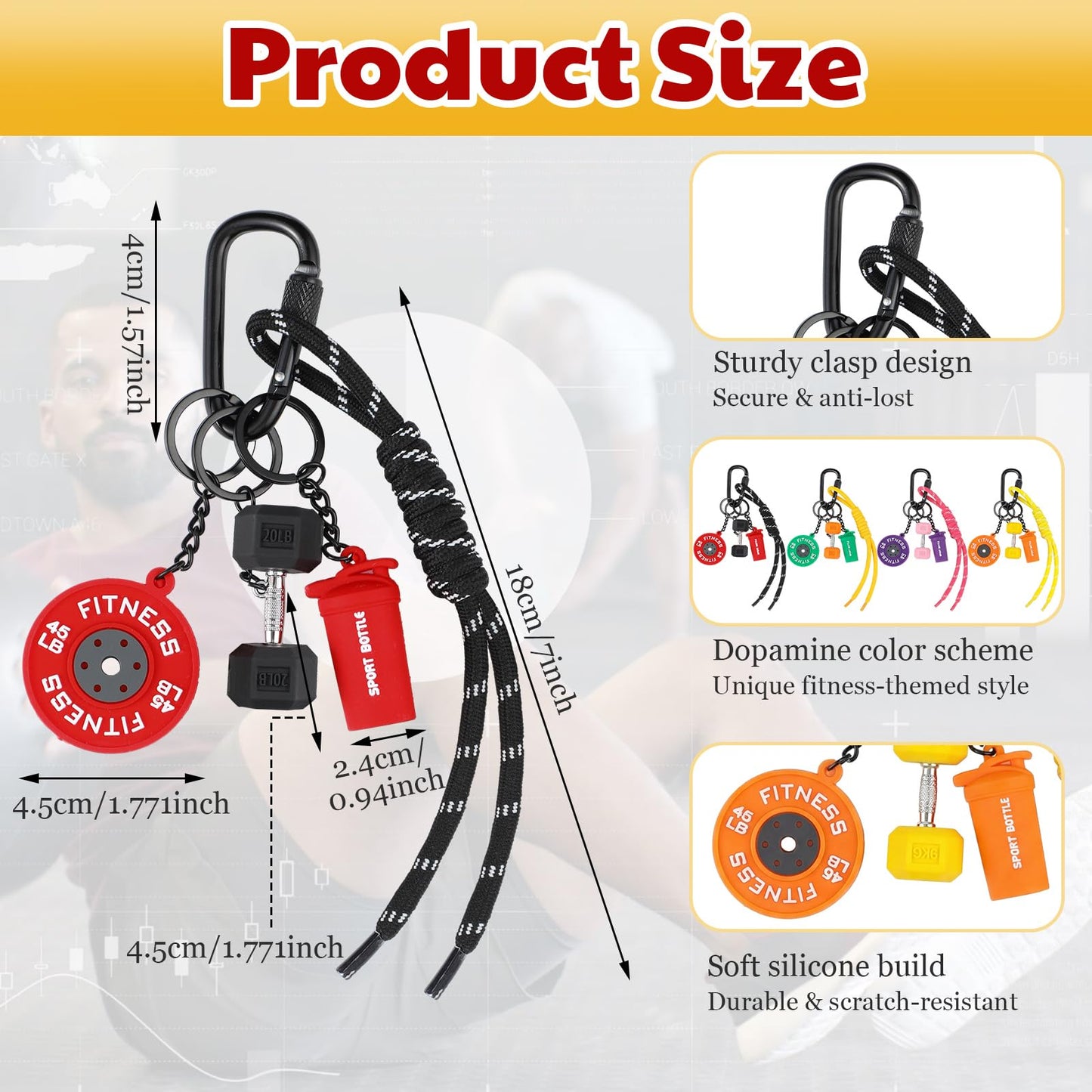 Nosiny 4 Pcs Gym Keychains Dumbbell Weights Keychain Set Gym Bag Purse Charms Fitness Accessories for Women and Men, Cute Car Key Chains for Backpack Purse Water Bottles Workout Gifts