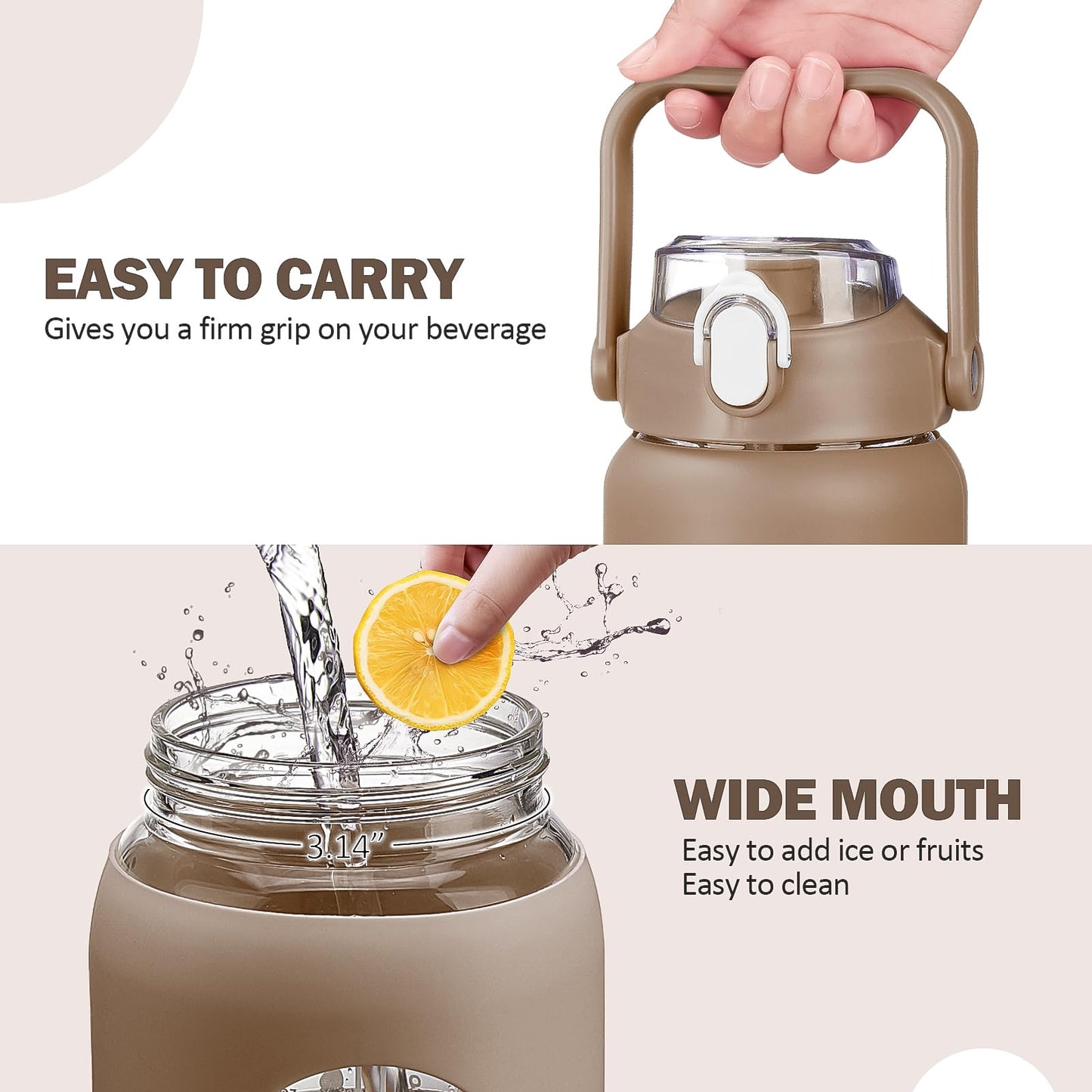 kytffu 64oz Glass Water Bottles with Straw, Half Gallon Motivational Glass Bottle with Silicone Sleeve and Time Marker, 2L Leakproof Large Glass Water Jug for Gym Home Office,Amber
