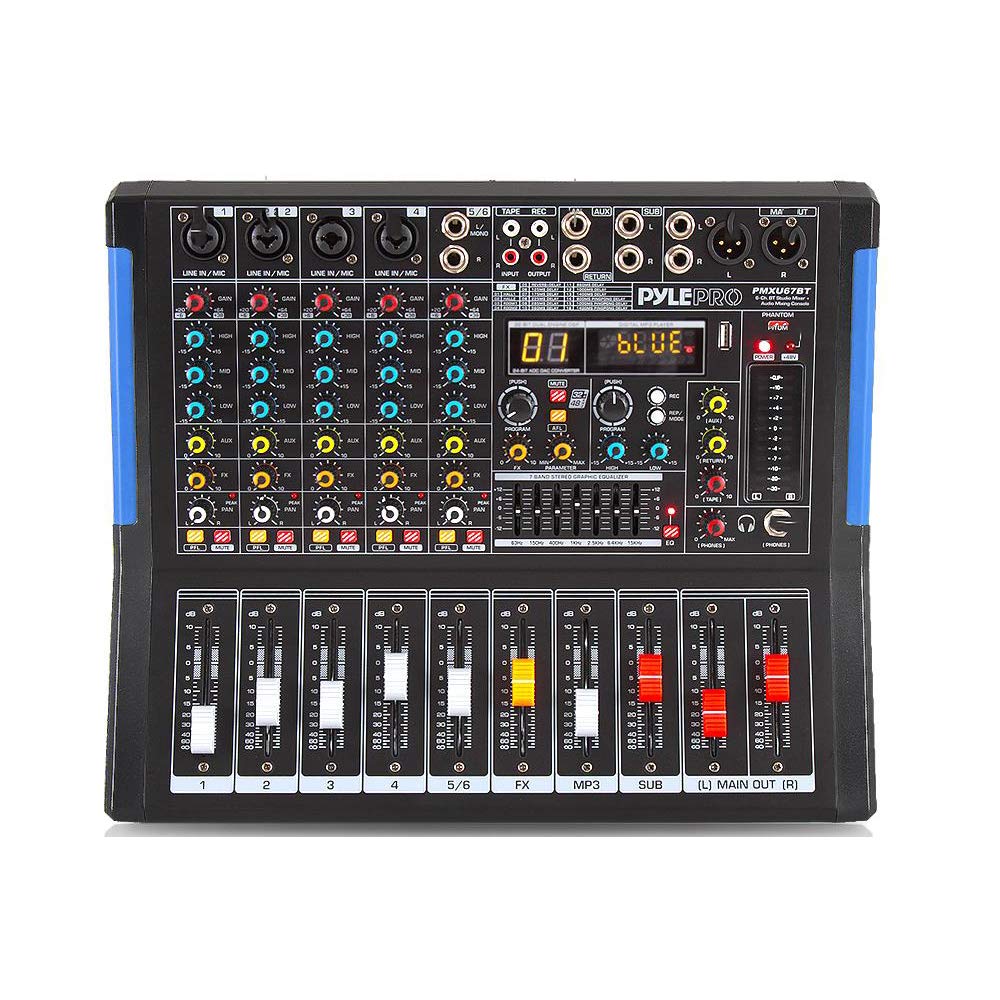 Pyle 6-Channel Console Style Audio Mixer with Bluetooth - DJ Sound Controller, 4 XLR / Combo Inputs, Sub Out, +48V Phantom, USB-A In, 16 DSP Effects, MP3 Player, 7-Band EQ - PMXU67BT