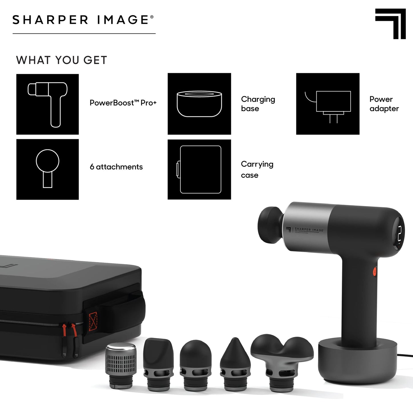 Sharper Image Deep Tissue Percussion Massage Gun, Powerboost Pro+ Hot & Cold Rechargeable Handheld Massager, 6 Adjustable Speeds, 6 Attachment Heads & Carrying Case, Muscle Pain Relief, Black