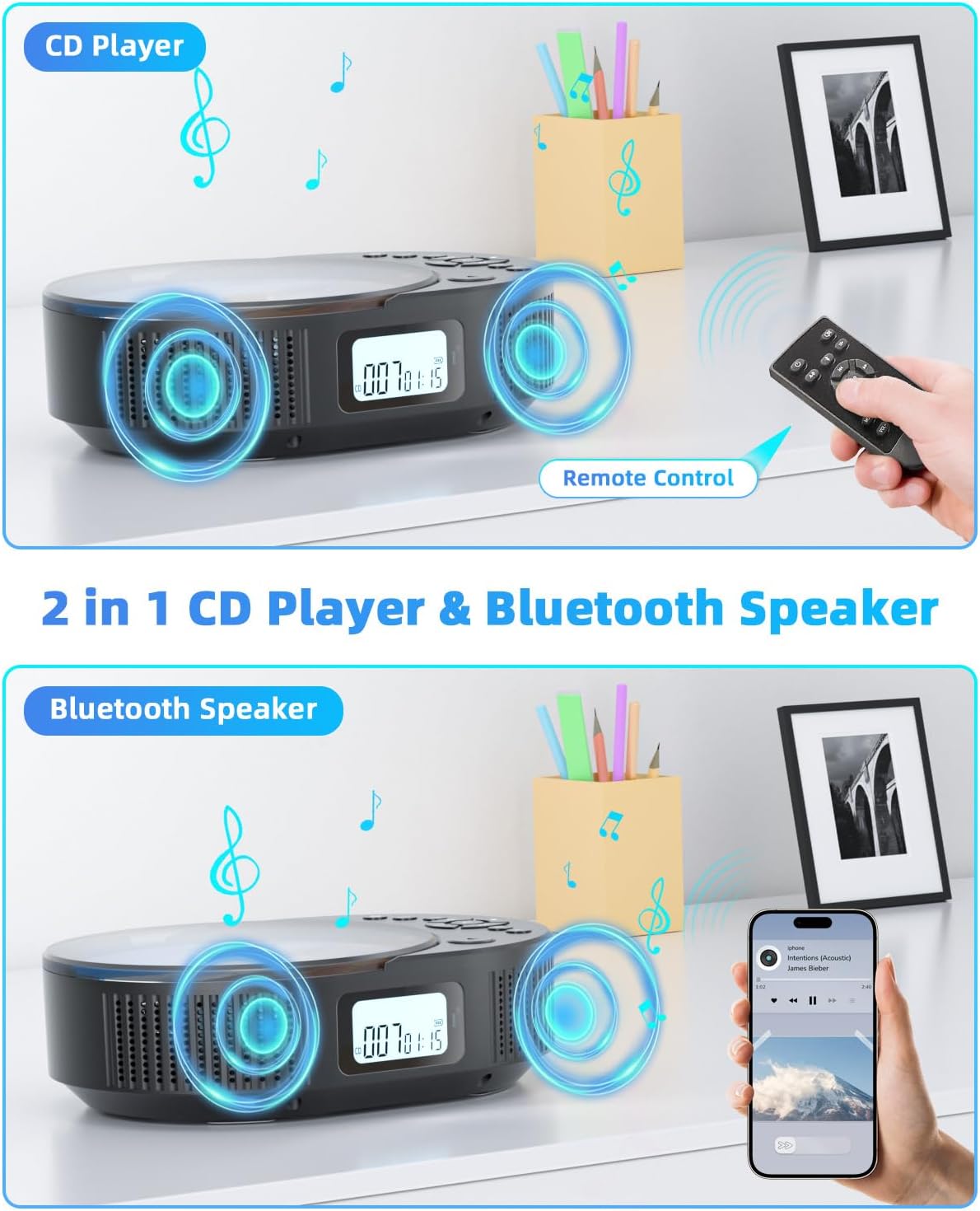 FELEMAN Portable CD Player, Bluetooth CD Player with Speakers, CD Players for Home, Boombox CD Player for Car, Supports