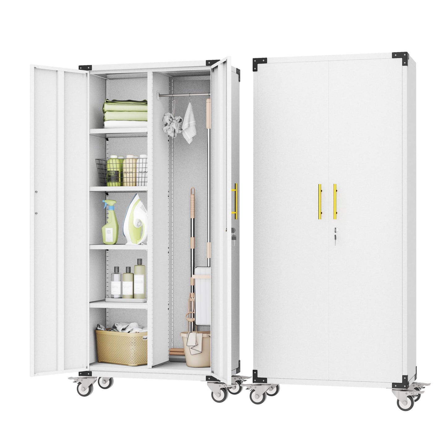 pozdeg Broom Closet Garage Storage Cabinet with Wheels, 71" Metal Cleaning Cabinets with Hooks and Hanging Rods, Tall Freestanding Lockable Tool Utility Cabinet for Home, Office (White)