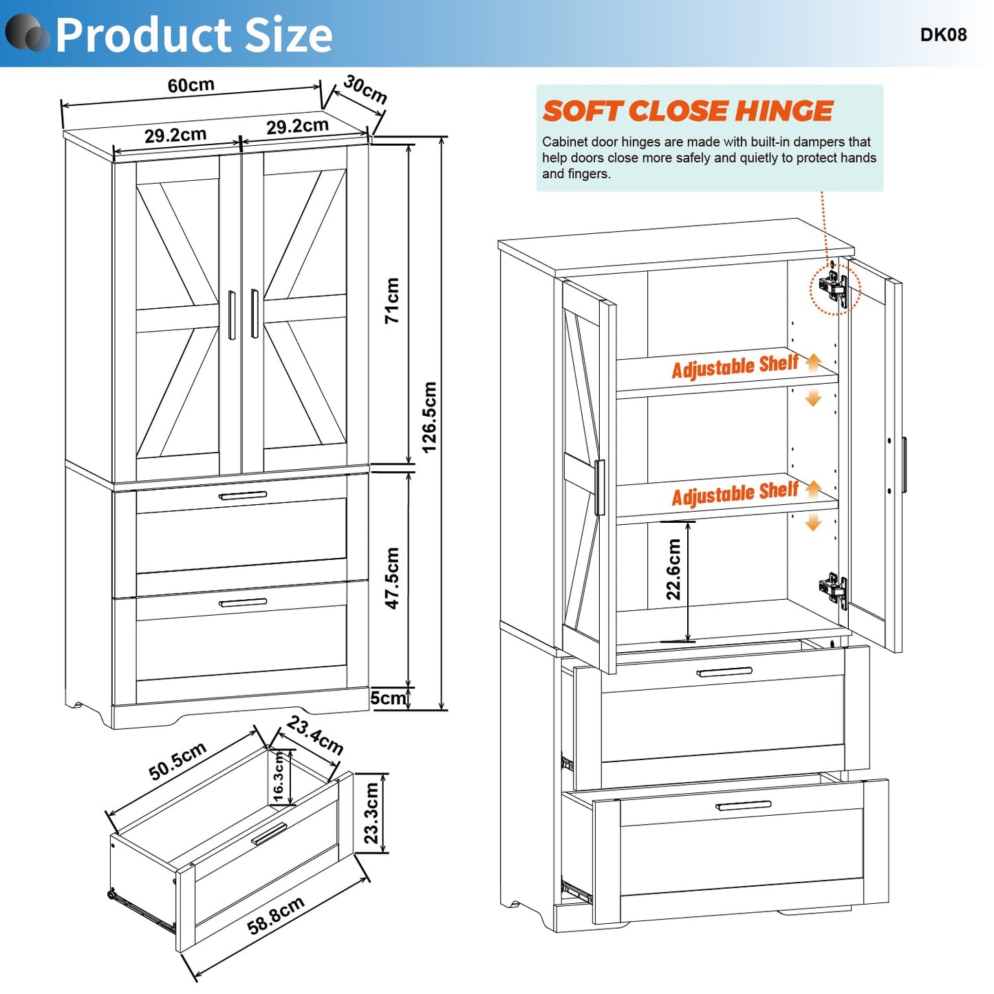 2 Door Tall Kitchen Pantry Storage, Collection Food Free Standing Wooden Storage Cabinet with 2 Drawers and Adjustable Shelves, Modern Farmhouse Versatile Storage for Kitchen, Dining Room (White)