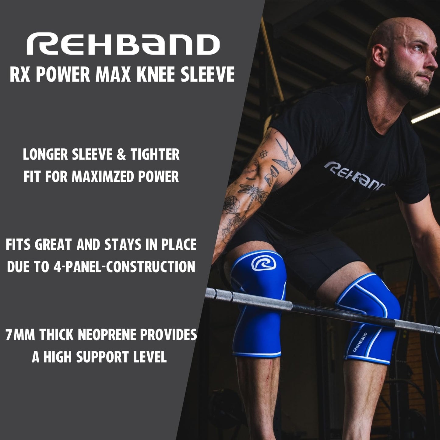 Rehband Rx Knee Sleeve Power Max, 1 piece, knee support 7mm neoprene, strongman, heavy lifting, longest knee sleeve, Colour:Black, Size:XL
