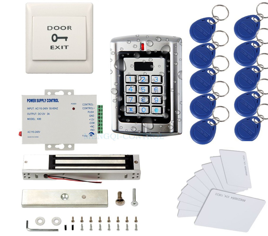 MENGQI-CONTROL Metal Weatherproof Access Control System 600LBS Force Electric Magnetic Lock +110VPower Supply+Exit Button+Cards+Key Fobs