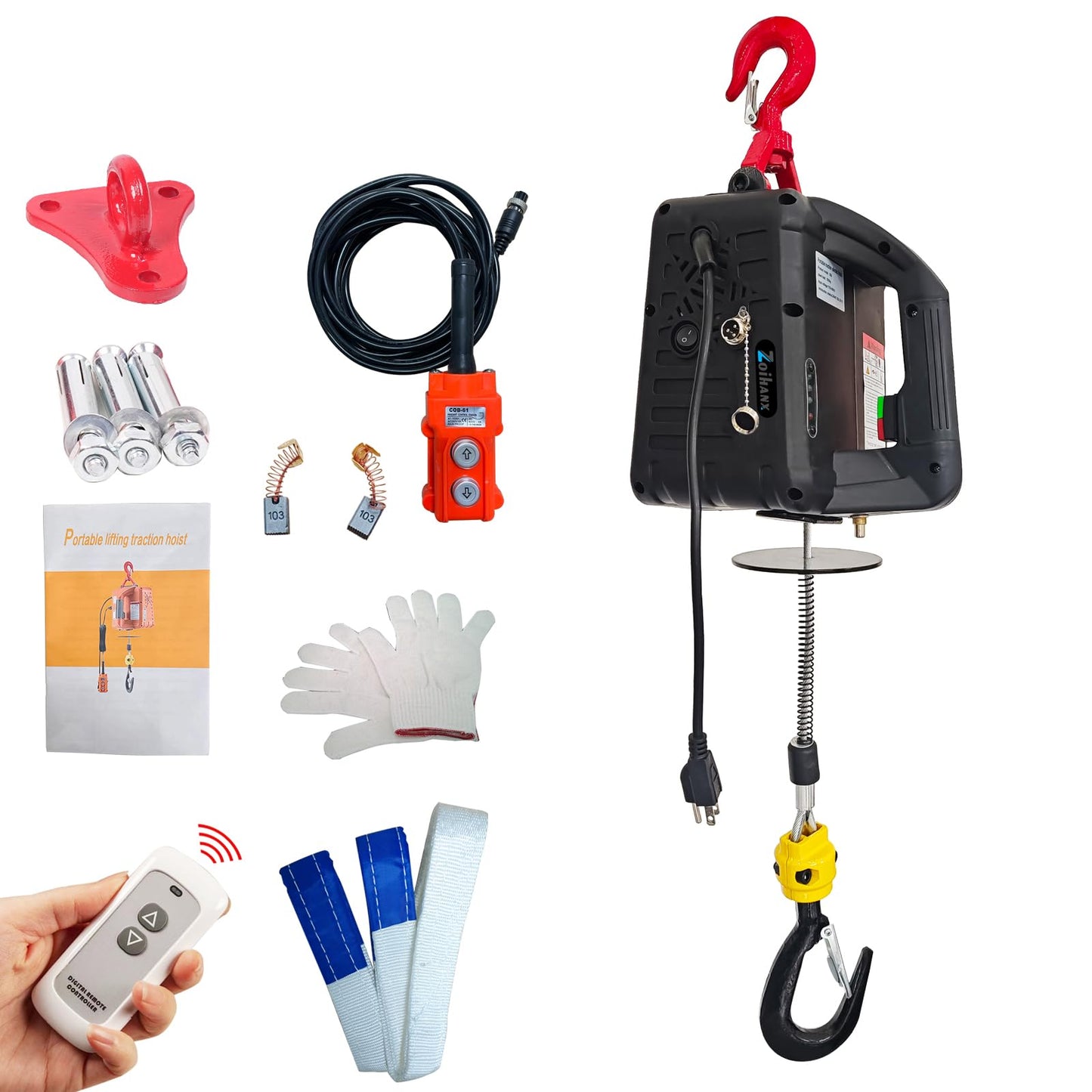 Zoihanx 3-in-1 Electric Portable Hoist Winch,1500W Portable Power Winch Crane with Wire and Wireless Remote Control, 328FT Wireless Remote Control Range,for Garage, Factory, Warehouse, Balcony