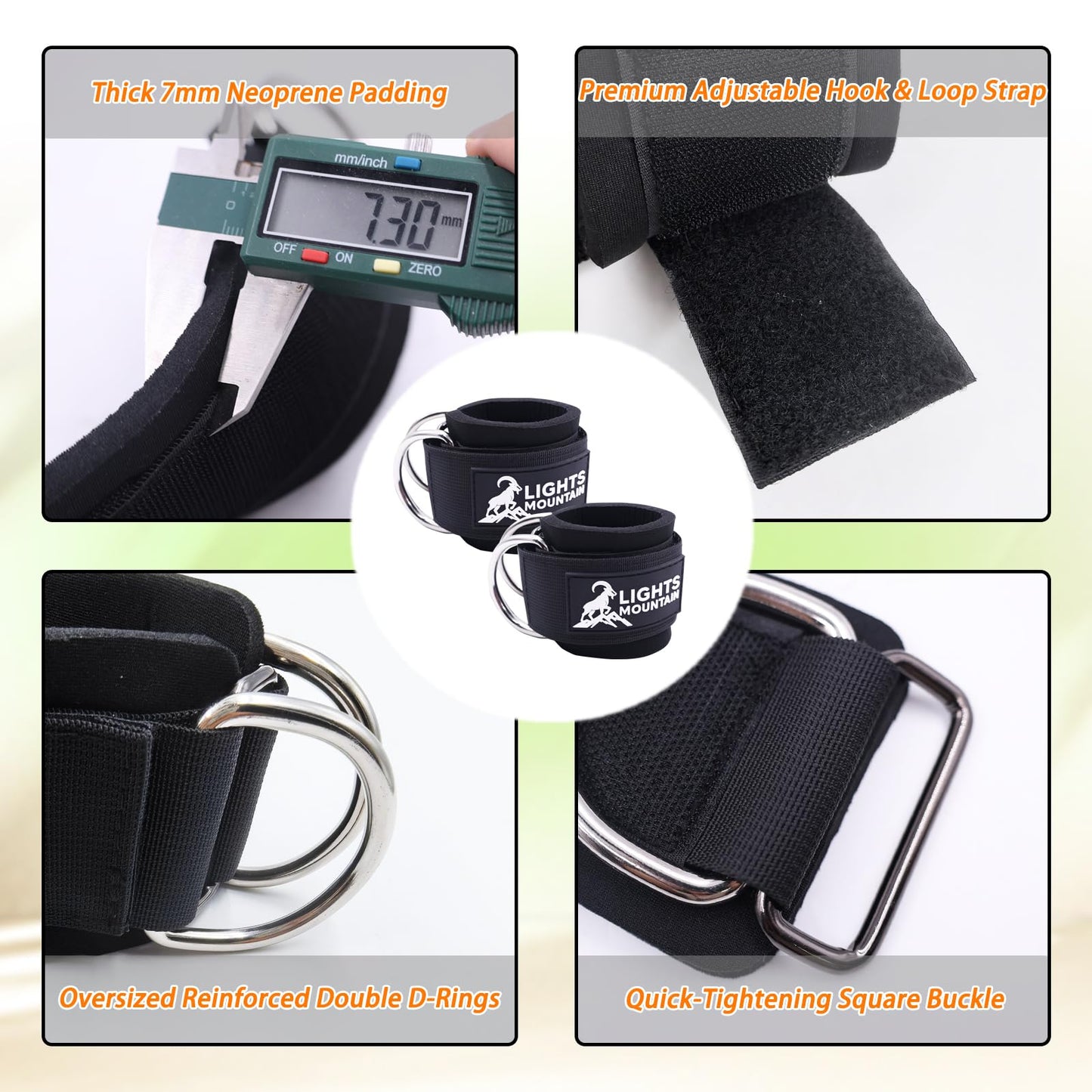 Lights Mountain Wrist Cuffs for Cable Machine Attachments – Adjustable Padded Straps with Dual D-Rings for Forearm, Arm & Rehab Training