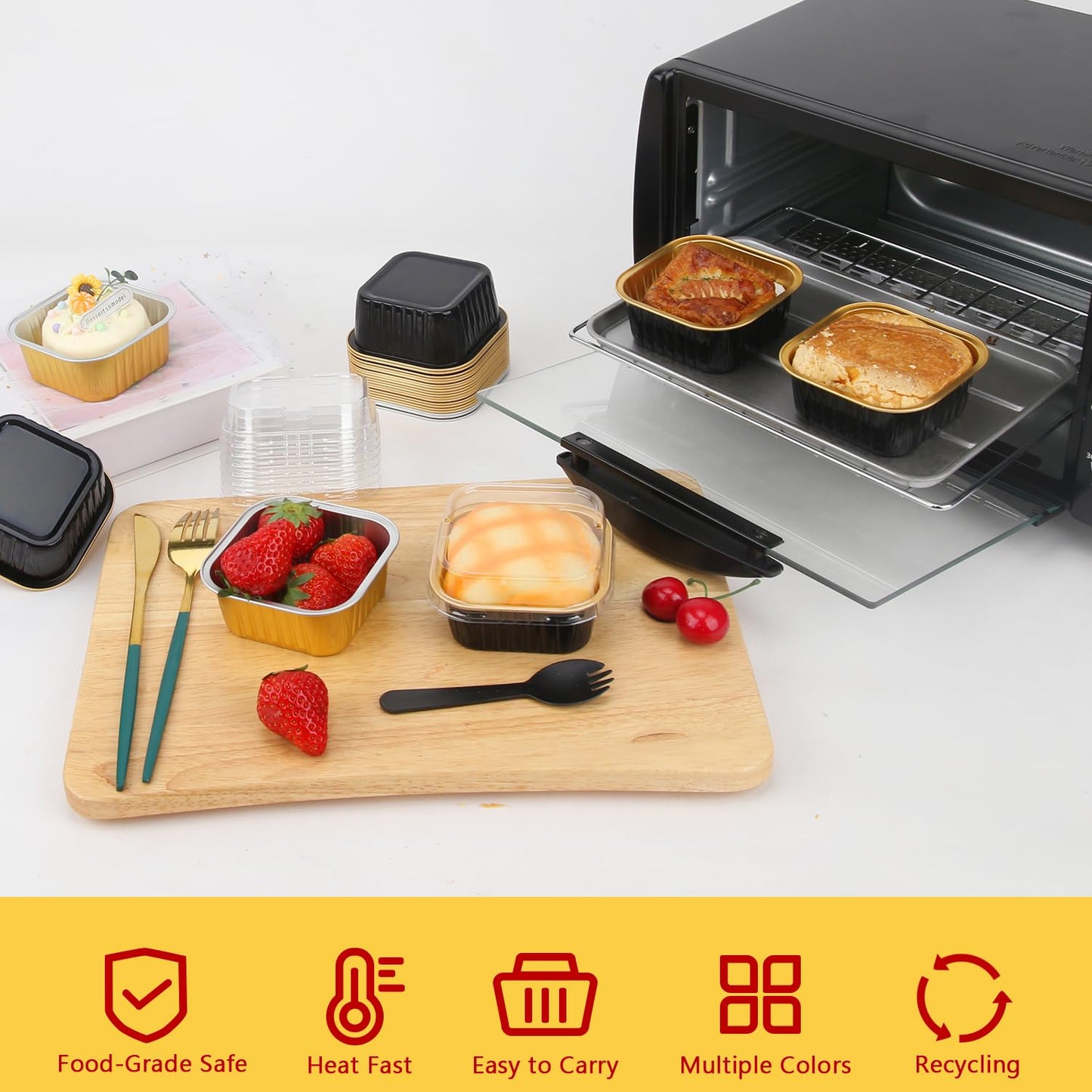 LNYZQUS 5oz Cupcake Mini Cake Pans with Lids 40 Pack, Aluminum Foil Cupcake Cups Brownie Baking Pans,Square Disposable Ramekins Baking Cups,Small Muffin Tin Holders-Black In Gold