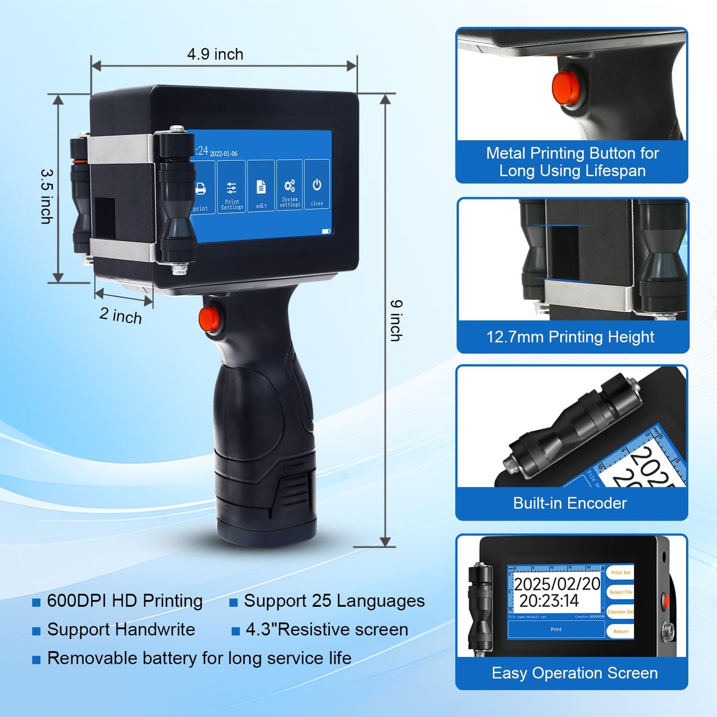 PEKOKO LB100S Intelligent Portable Hand Jet Handheld TIJ Thermal Inkjet Printer 12.7mm Online QR Bar Batch Date Number Coding Machine for Carton Box,Food Package,Drink Bottle