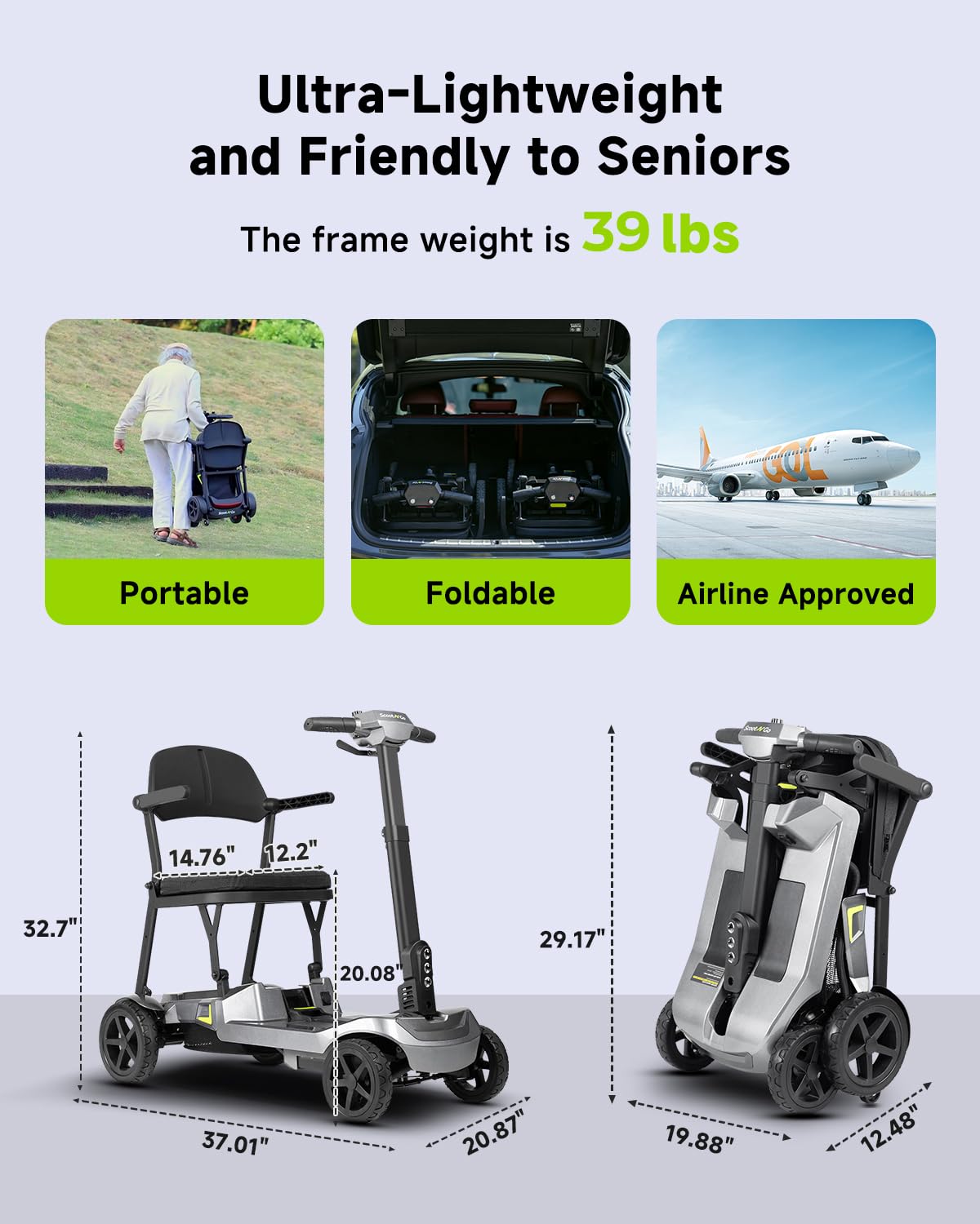 SCOOTNGO Mobility Scooters for Seniors & Adults 4 Wheel Travel Mobility Scooter Airline Approved with Two Batteries, Lightweight, Foldable, No Assembly Needed (Silver Grey, Dual Batteries)