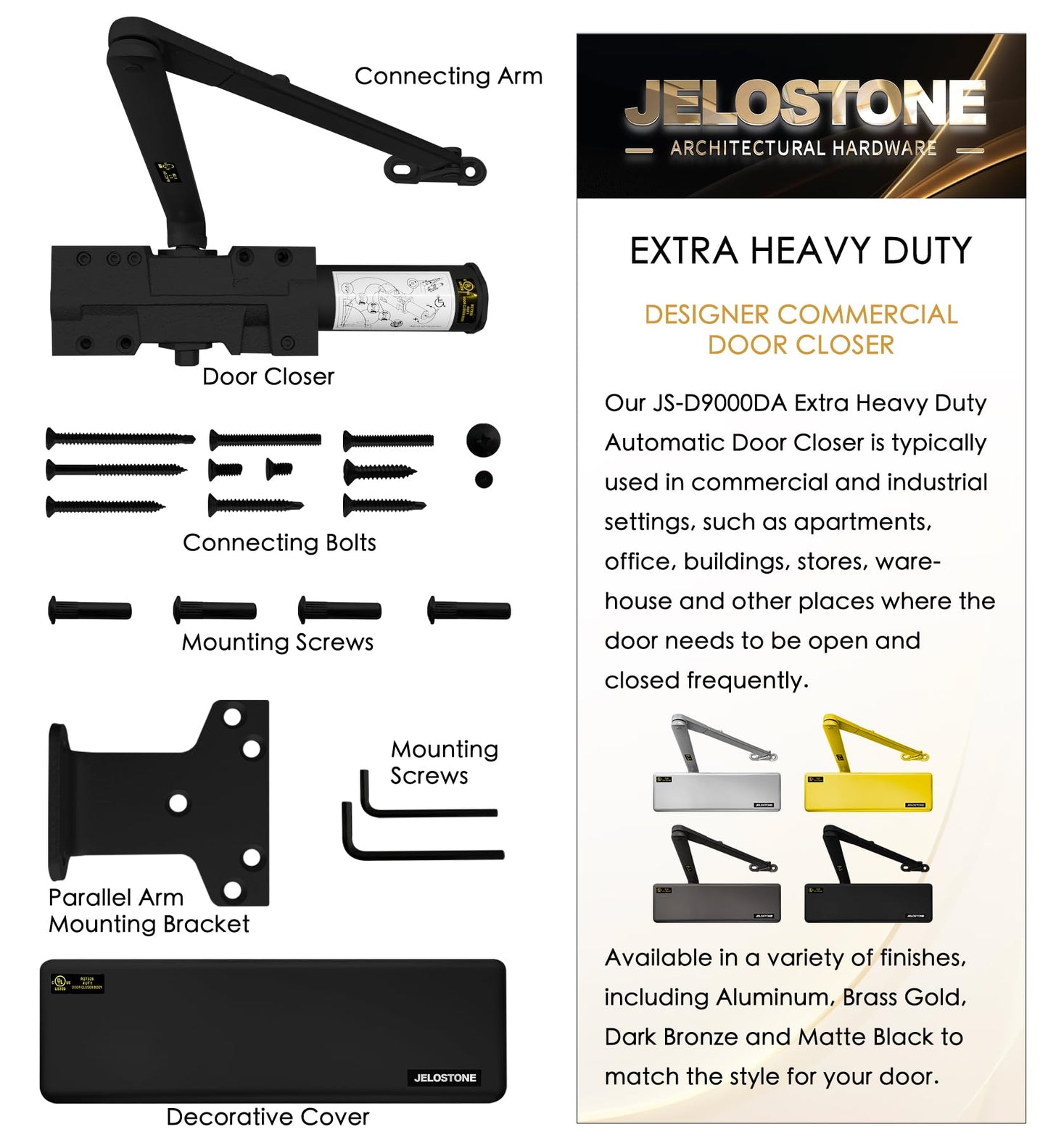 JELOSTONE Extra Heavy Duty Commercial Door Closer D9000DA Automatic Door Closer, Surface-Mounted Auto Door Closer, Size 1-6 Commercial Door Closer Heavy Duty for Heavy Traffic Areas, Matte Black