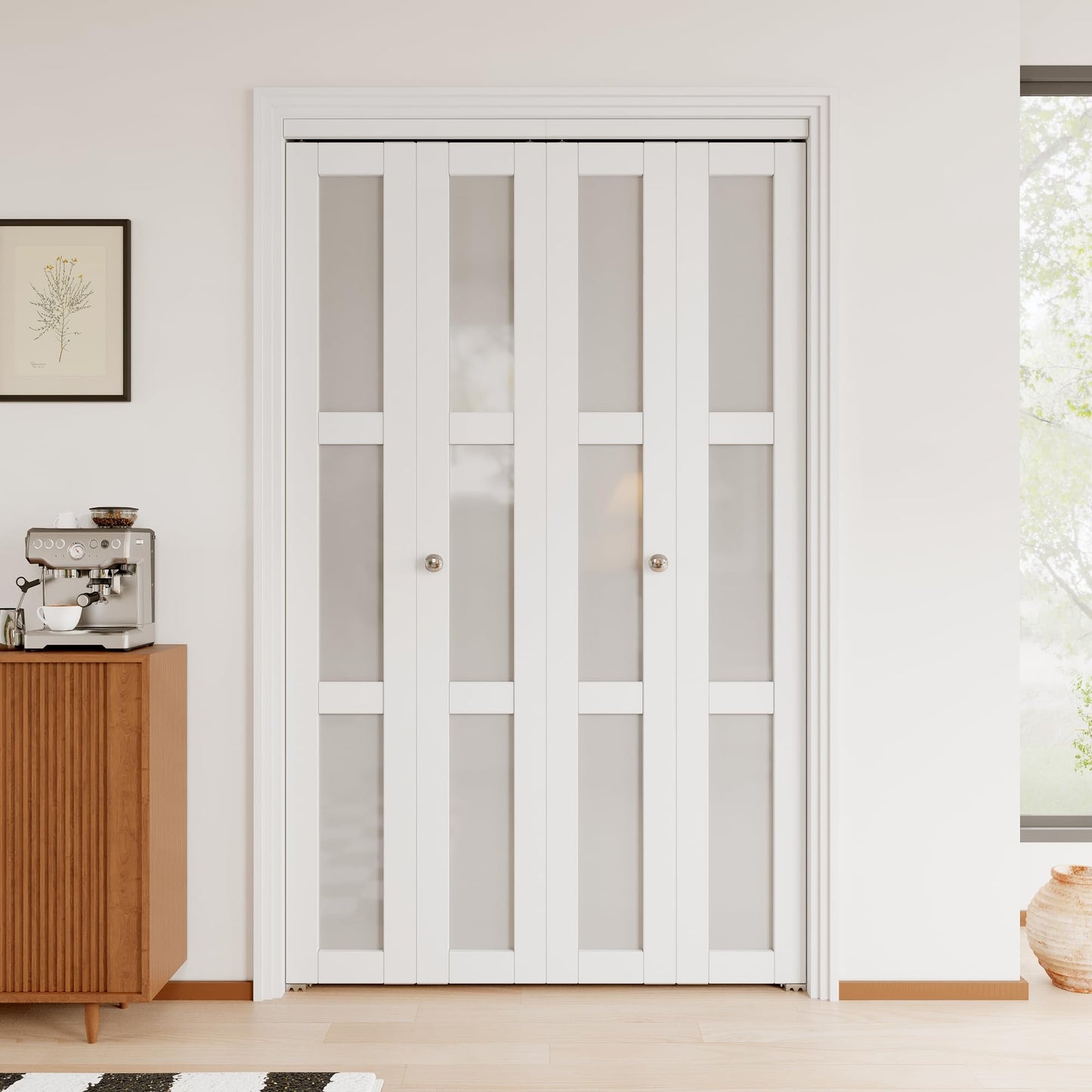 JuJuBon Bifold Doors for 48"x 80" Opening, 3-Lite Tempered Frosted Glass Closet Door with Sliding Hardware Kit, Interior Bi Fold Doors for Pantry, Solid Build Quality & Easy Install, White