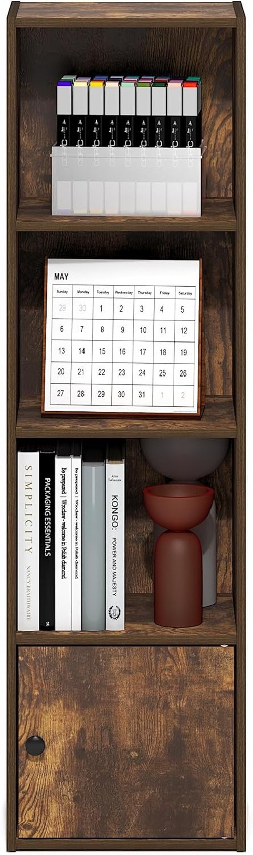 Furinno LUDER 4-Tier Bookshelf - Stylish Open Shelf & 1 Door Cabinet | Amber Pine, Perfect for Living Room & Home Office