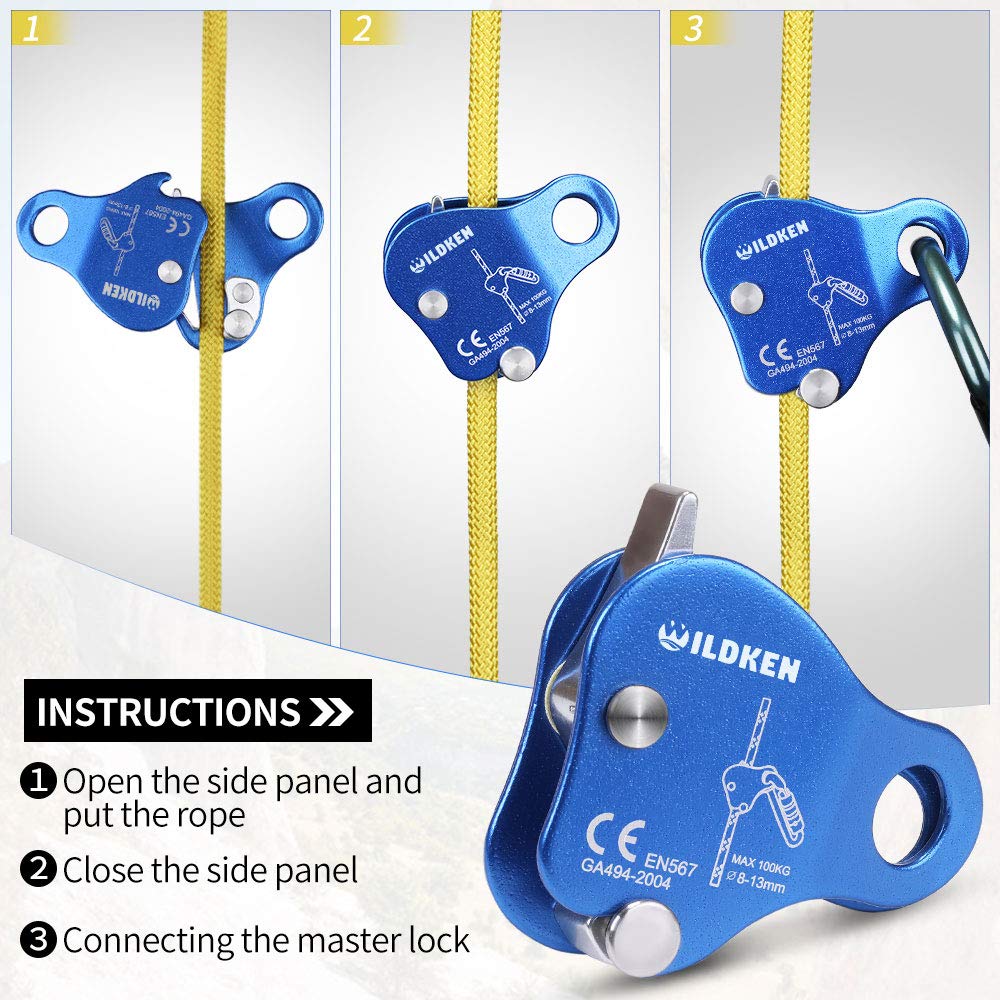 WILDKEN Climbing Ascender Fall Protection Belay Device Climbing Rope Grab for Rock Climbing Mountaineering Tree Arborist Expedition Caving Rescue Aerial Work (Blue)