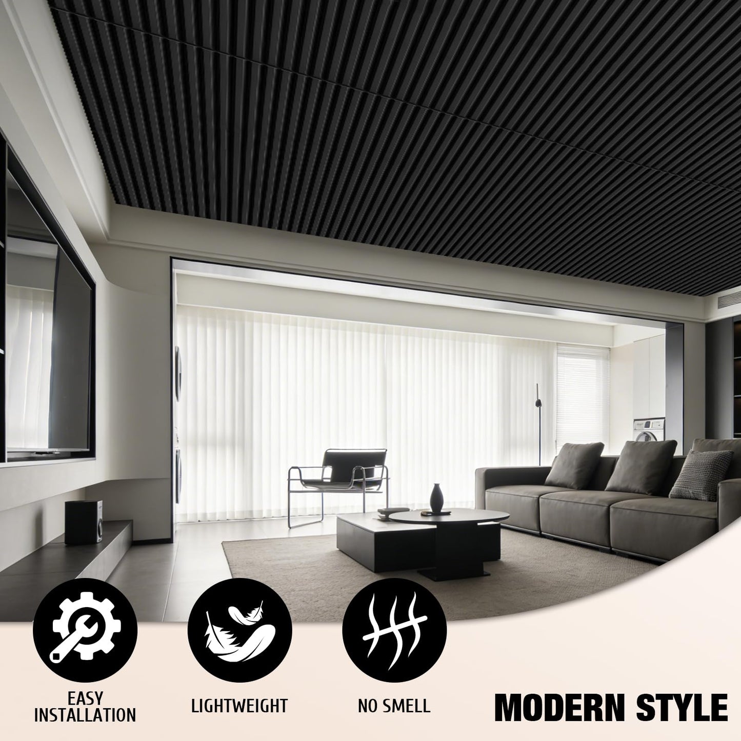 Qidejoy 12 Pcs 3D PVC Slat Wall Panels, 2x4 FT Ceiling Panels, Decorative Drop Ceiling Tiles, Fluted Textured Modern Paneling for Interior Decor, Living Room, Bathroom, TV Background, Office (Black)