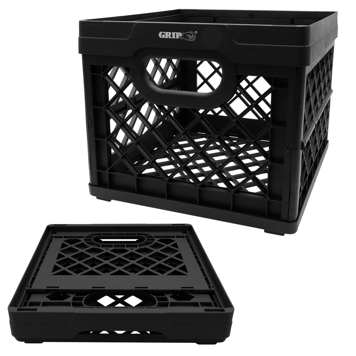 Grip Folding Stackable Storage Bin, Blk, 6 Gallon - Dimensions: 13" x 13" x 11" - Milk Crate - Capacity: 50 lbs - Heavy Duty Plastic - Collapsible Crate for Sporting Goods, Toys, Pool Toys, Files