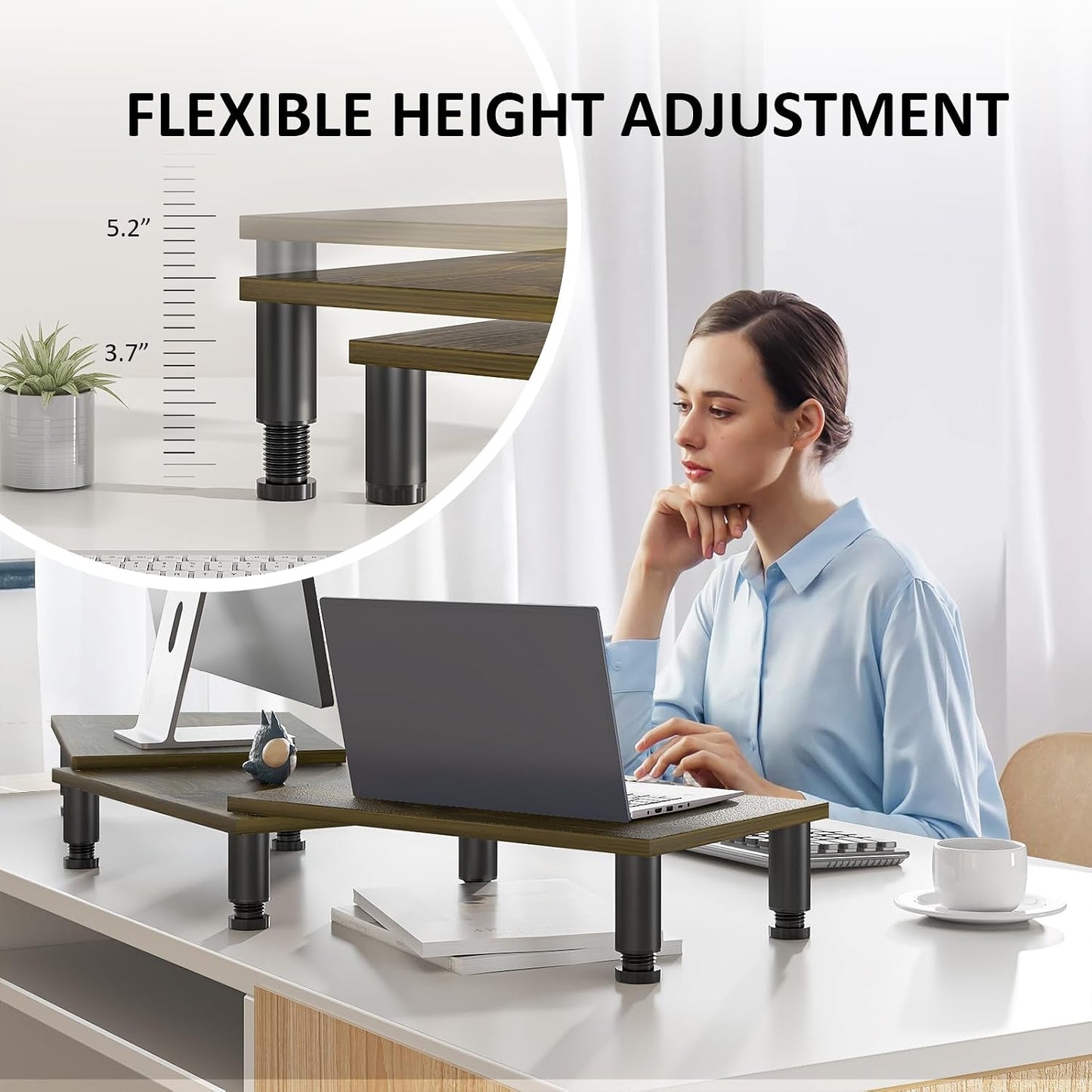 2 AX WABER Dual Monitor Stand Riser, Monitor Stand with Adjustable Length and Angle, Wood Monitor Stand for Desk
